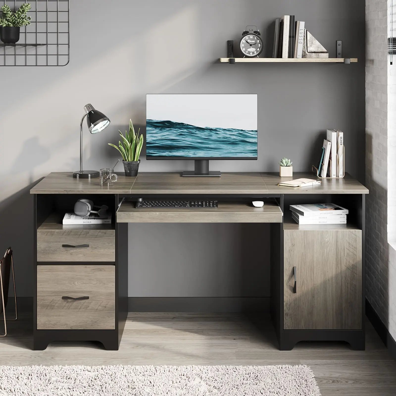 Bestier 59 Inch Executive Office Desk with Storage Drawers - Modern L-Shaped Computer Desk for Home Office & Workspace (Espresso)