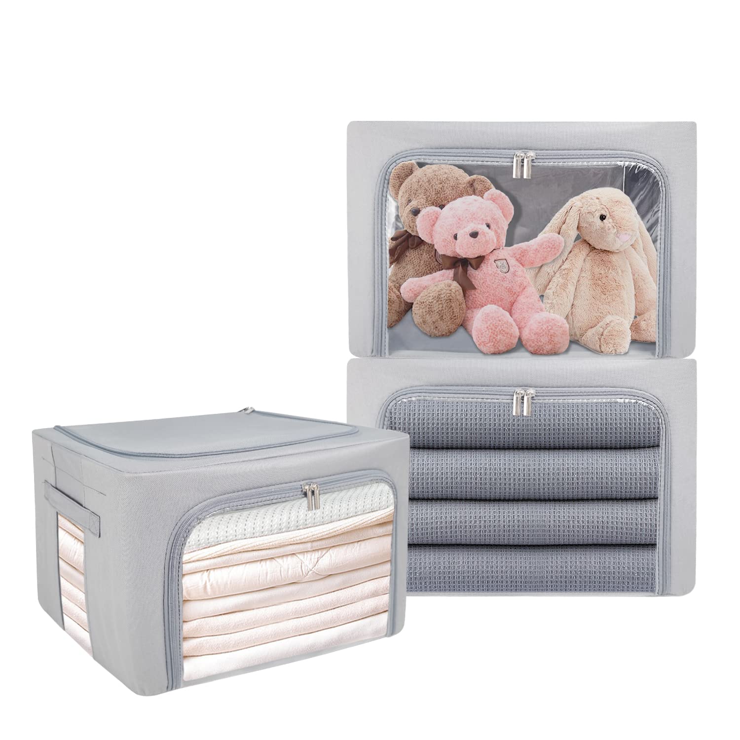 Foldable Stackable Clothes Storage Bins - 3 Pack Medium (40L) Grey - Sturdy Frame Organizer for Seasonal Clothing, Blankets, Towels, Bed Sheets & Toys - Perfect for Closet, Shelf & Home Organization