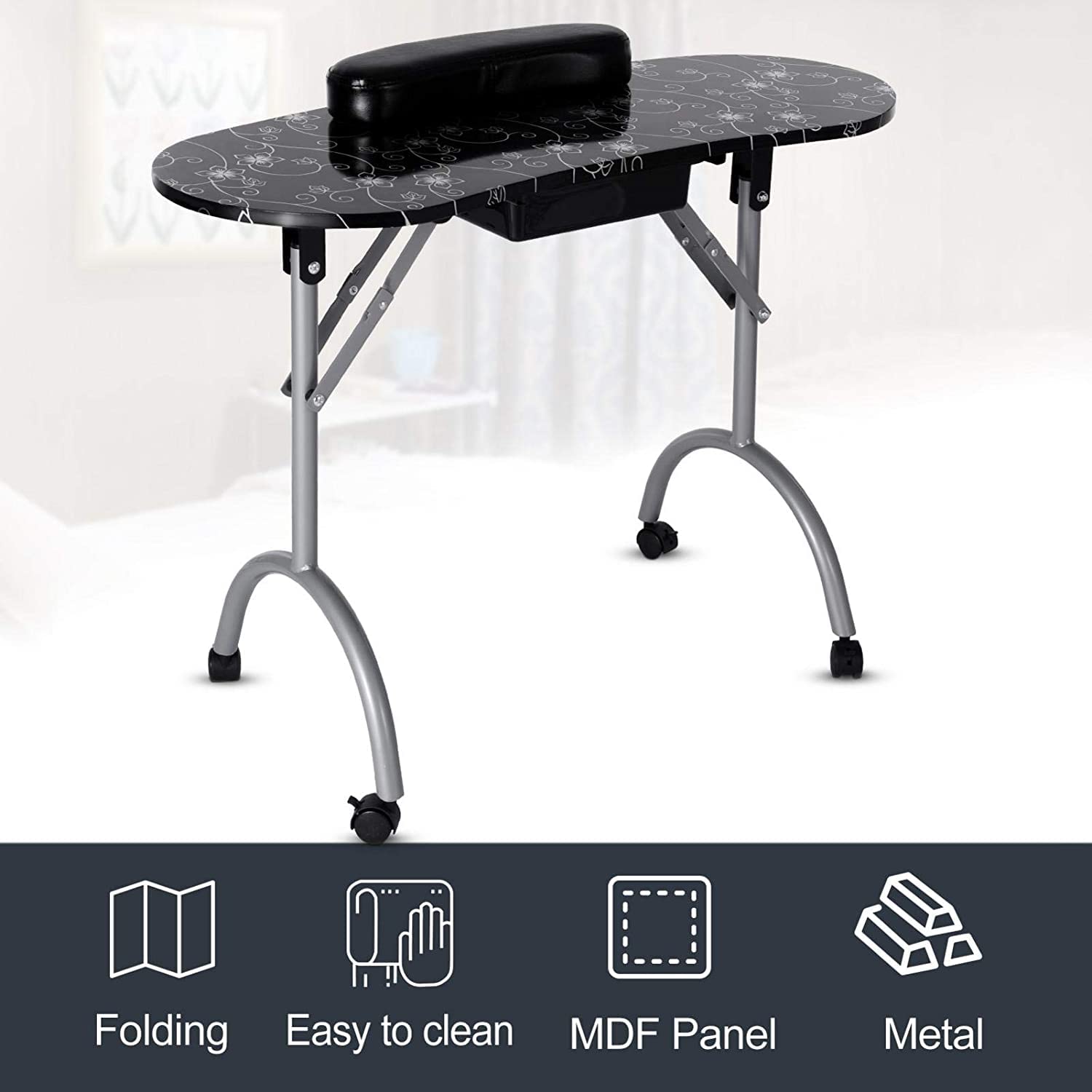 Portable Folding Nail Tech Station with Wheels - Adjustable Manicure Table for Home Spa & Salon, Includes Wrist Cushion, Storage Drawer & Carry Bag - Perfect for Mobile Nail Technicians & Beauty Professionals On-The-Go
