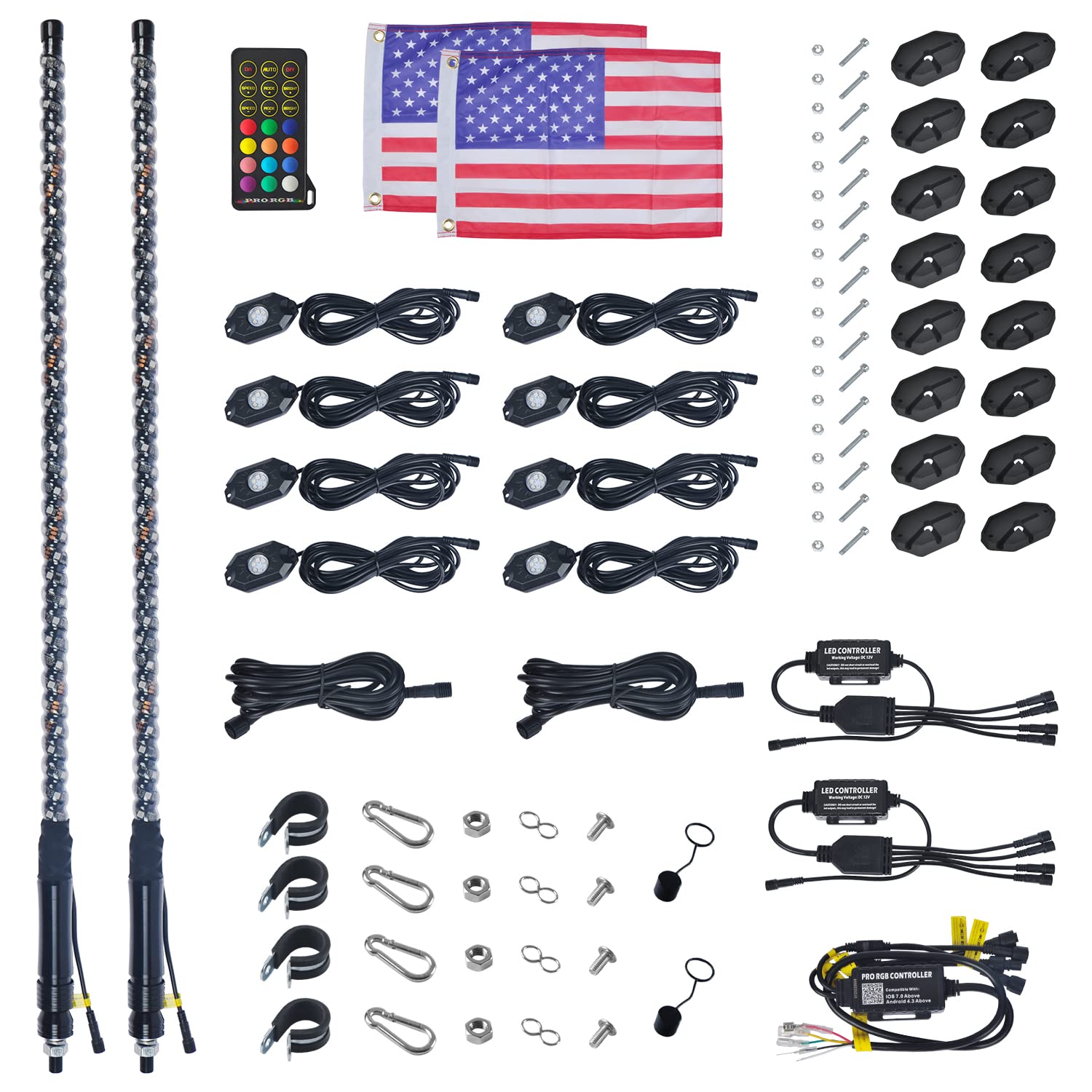 OHMU 2PCS 3FT LED Whip Lights & 8-Pod Rock Lights Kit with Bluetooth App Control - Offroad Vehicle LED Light Bar for Jeep, Truck, ATV, UTV - Waterproof Neon Underglow & Safety Warning Lights for Night Driving & Outdoor Adventures