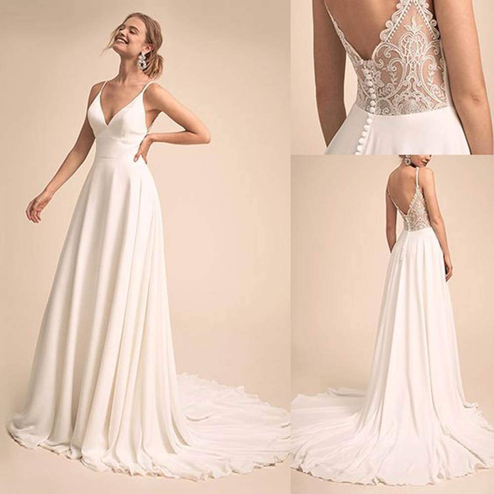 Elegant V-Neck Lace Back Wedding Dress for Bride – Perfect for Church Ceremony, Beach Wedding & Formal Reception