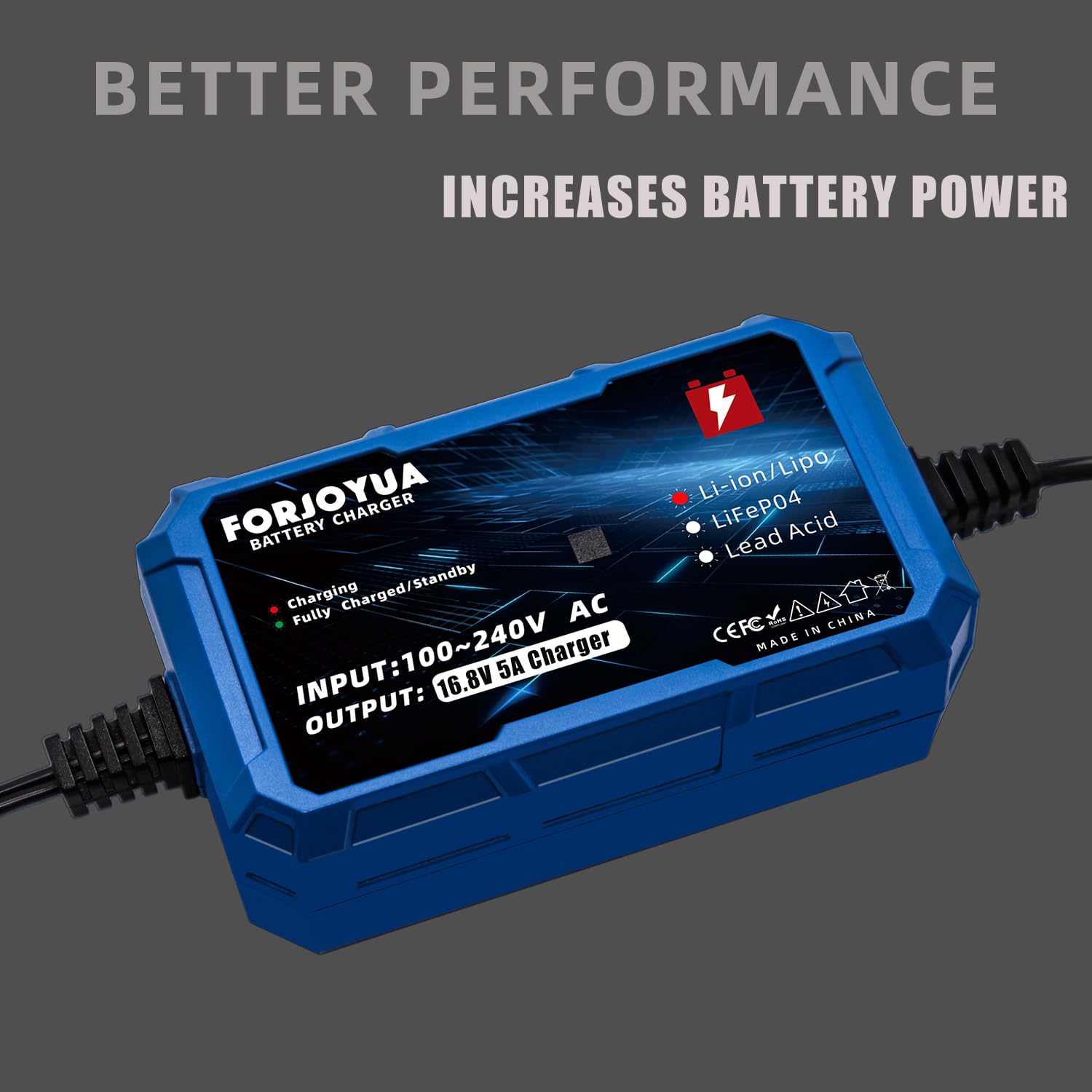FORJOYUA 16.8V 5A Fast Charger with DC5.5x2.1mm Connector - Compatible with 14.8V 4S Li-ion Battery Packs | Perfect for RC Drones, Power Tools & Electric Scooters