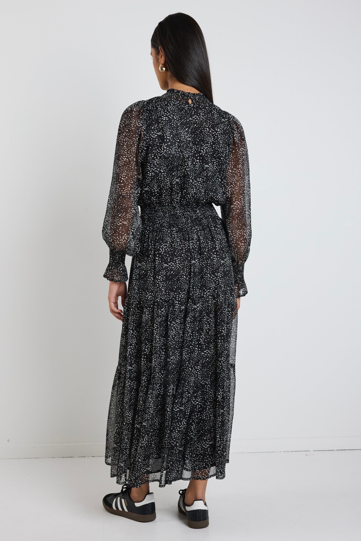 Elegant Ebony Black Grey Spot Long Sleeve Shirred Neck Midi Dress for Women | Perfect for Office Wear, Cocktail Parties & Special Occasions