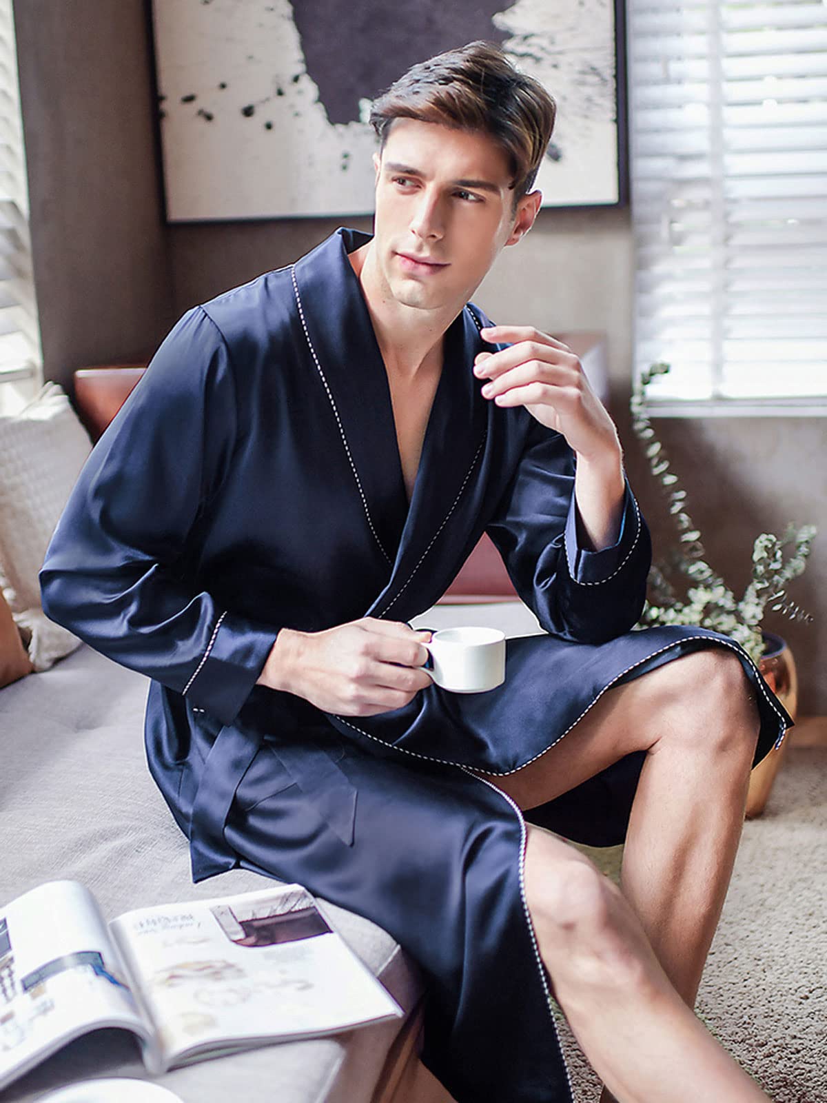 WIITON Men's 100% Pure Silk Long Kimono Robe - Lightweight Bathrobe with Long Sleeves for Spa, Lounge & Sleepwear - Elegant Dressing Gown for Home Relaxation & Luxury Nightwear