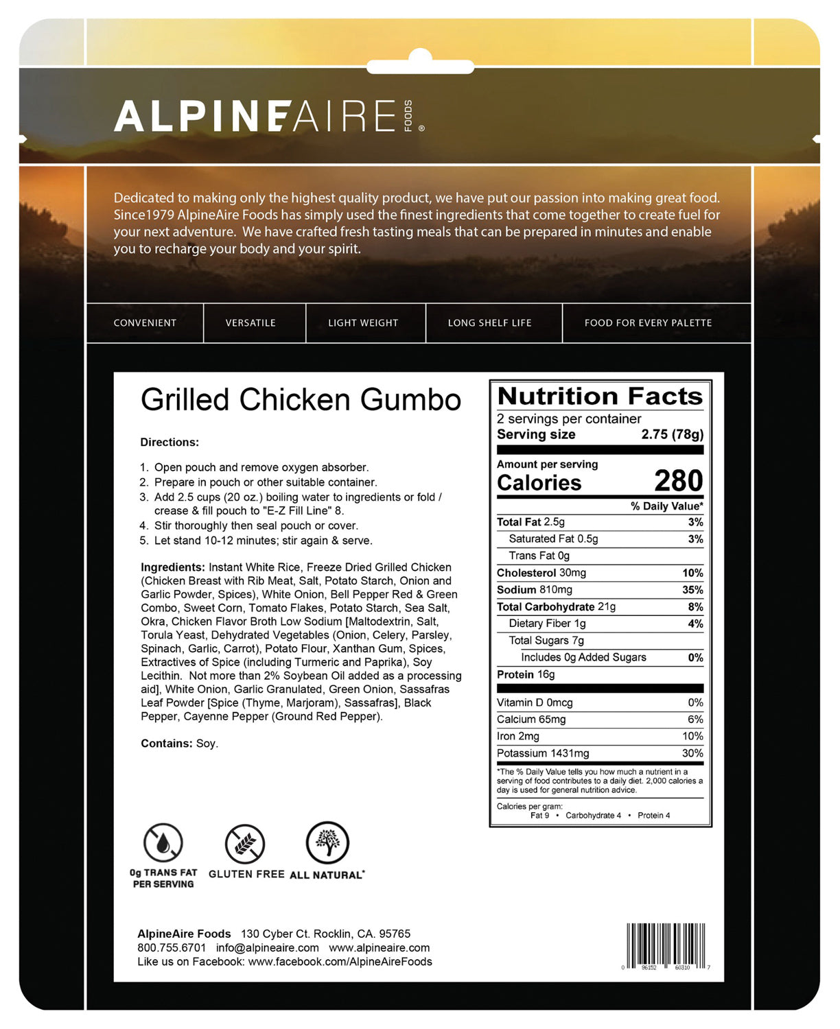 Alpine Aire Creole Grilled Chicken Gumbo - Authentic Louisiana Style Freeze-Dried Meal | Perfect for Camping, Hiking & Emergency Food Storage