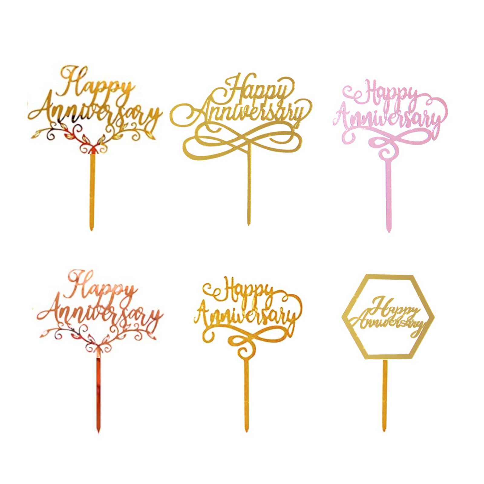 Happy Anniversary Cake Topper Set - 6pcs Rose Gold Acrylic Wedding Cake Toppers for Anniversary Party Decorations, Golden Happy Anniversary Cake Decor Supplies - Perfect for Wedding Anniversaries, Bridal Showers & Romantic Celebrations