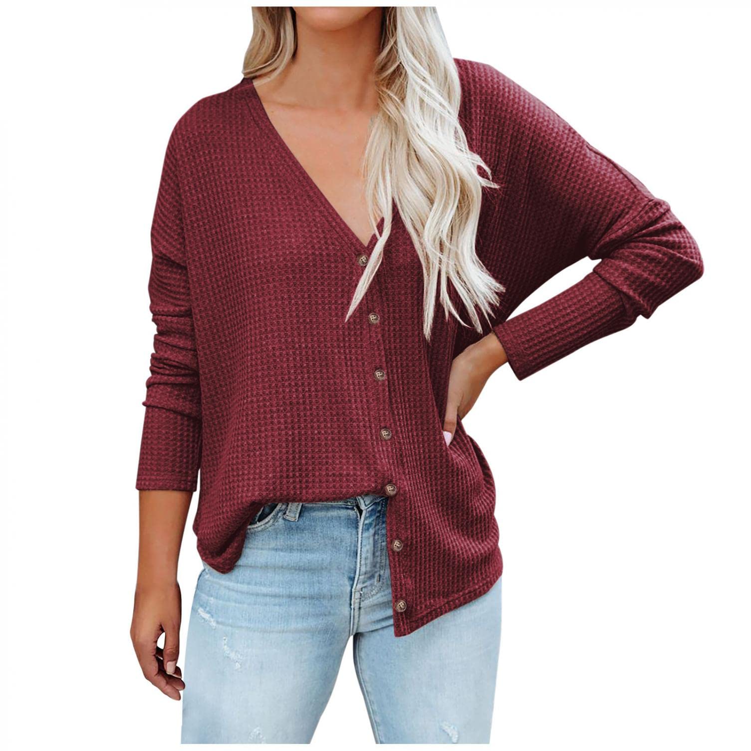 Women's Long Sleeve Henley V-Neck Blouse - Soft Waffle Knit Casual Button Down Shirt for Fall | Solid Color Basic Top for Work, Date Night & Everyday Wear