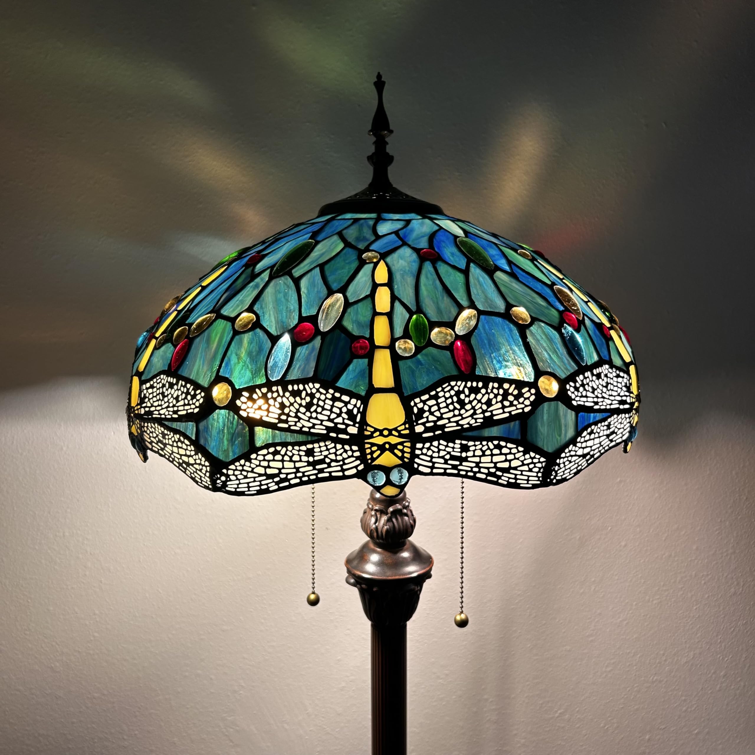 Tiffany Style Dragonfly Stained Glass Floor Lamp with Metal Base - Green & Blue Art Nouveau Design, Includes LED Bulbs (16