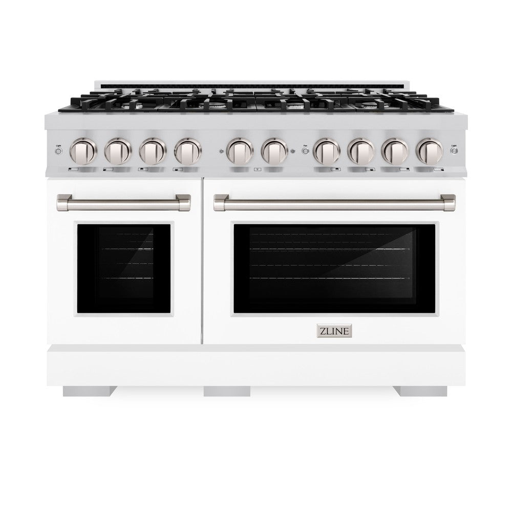 ZLINE 48-Inch Stainless Steel Dual Fuel Range with 8-Burner Gas Cooktop & 6.7 cu. ft. Double Oven - White Matte Doors (HDR WM 48) | Professional Kitchen Appliance for Home Chefs & Entertaining