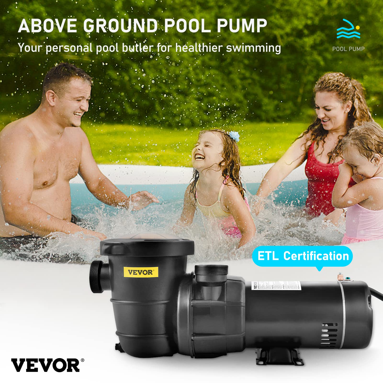 VEVOR 1.5HP 115V 1100W Above Ground Swimming Pool Pump - Single Speed, Powerful 5280 GPH Max Flow with Strainer Filter Basket, ETL Certified - Perfect for Inground & Above Ground Pools, Backyard Water Features & Pool Maintenance