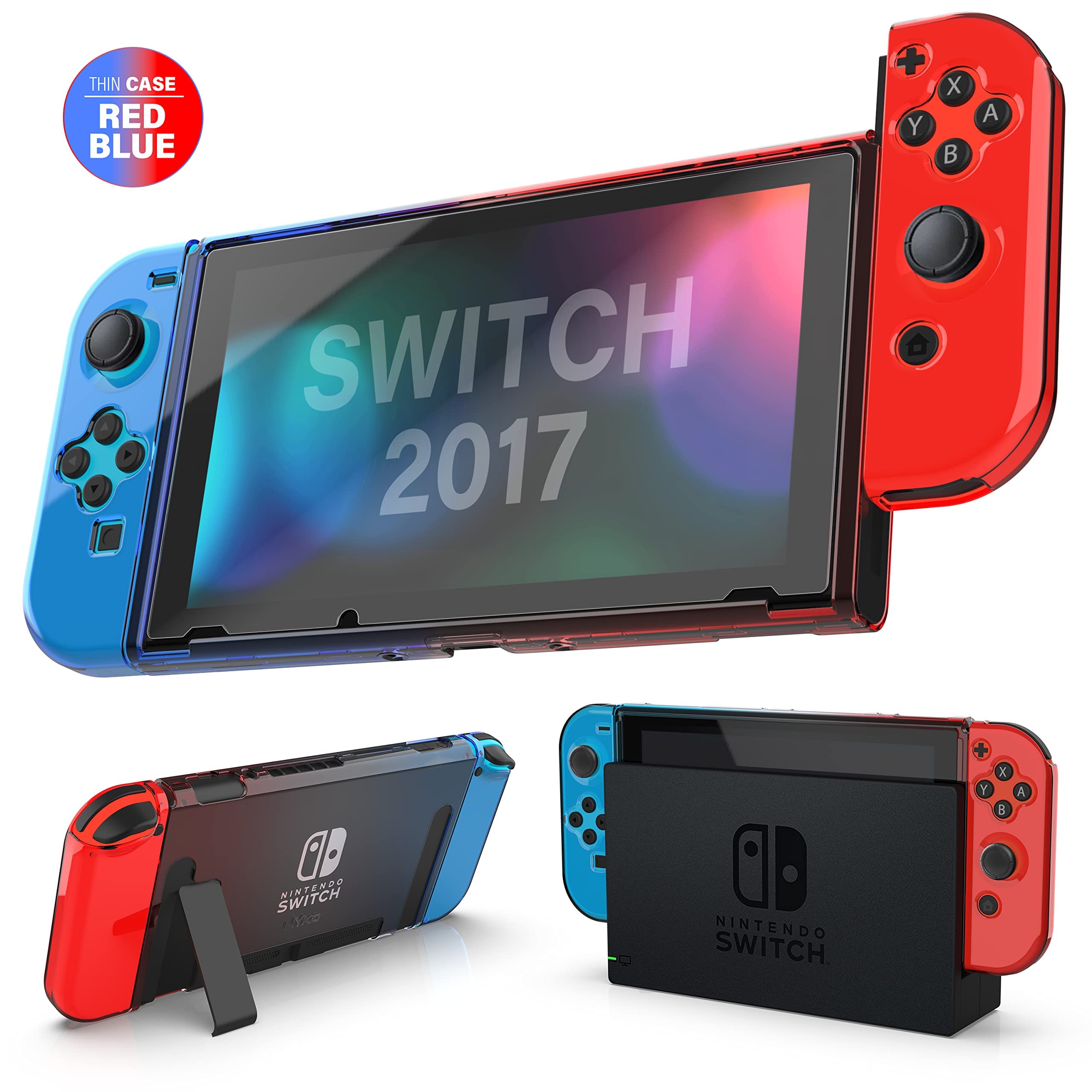 Nyko Protective Case for Nintendo Switch - Dockable Thin Hard Shell Travel Cover with Tempered Glass Screen Protector (Red & Blue) | Perfect for Gaming On-The-Go & Travel Protection