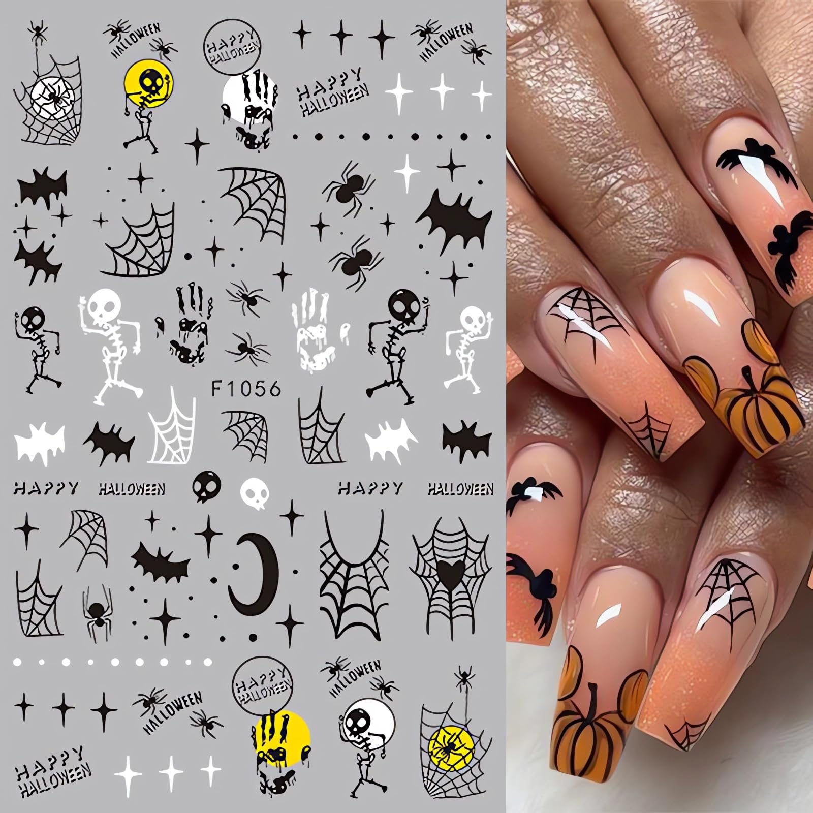 4Pcs Halloween Nail Stickers - Scary Ghost, Pumpkin, Spider, Bat & Skull Designs for Nail Art - French Tip Gel Nail Decals - Perfect for Halloween Parties, Costume Events & Spooky Nail Decorations