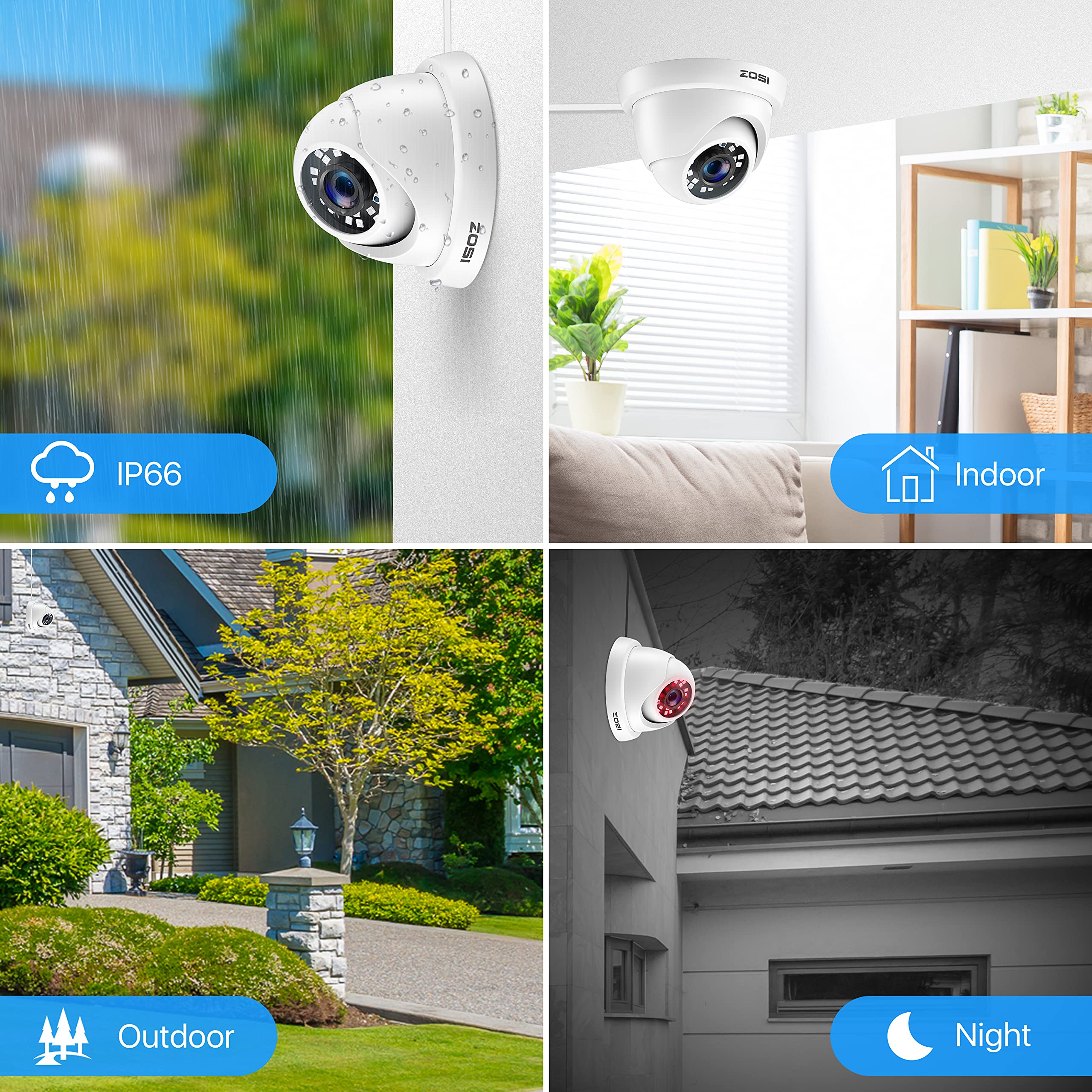 ZOSI 4 Pack 1080P HD Dome Security Cameras with 65ft Night Vision & 24 IR LEDs - Compatible with TVI/Analog DVR Systems - Weatherproof for Indoor/Outdoor Use - Ideal for Home, Office, and Business Surveillance