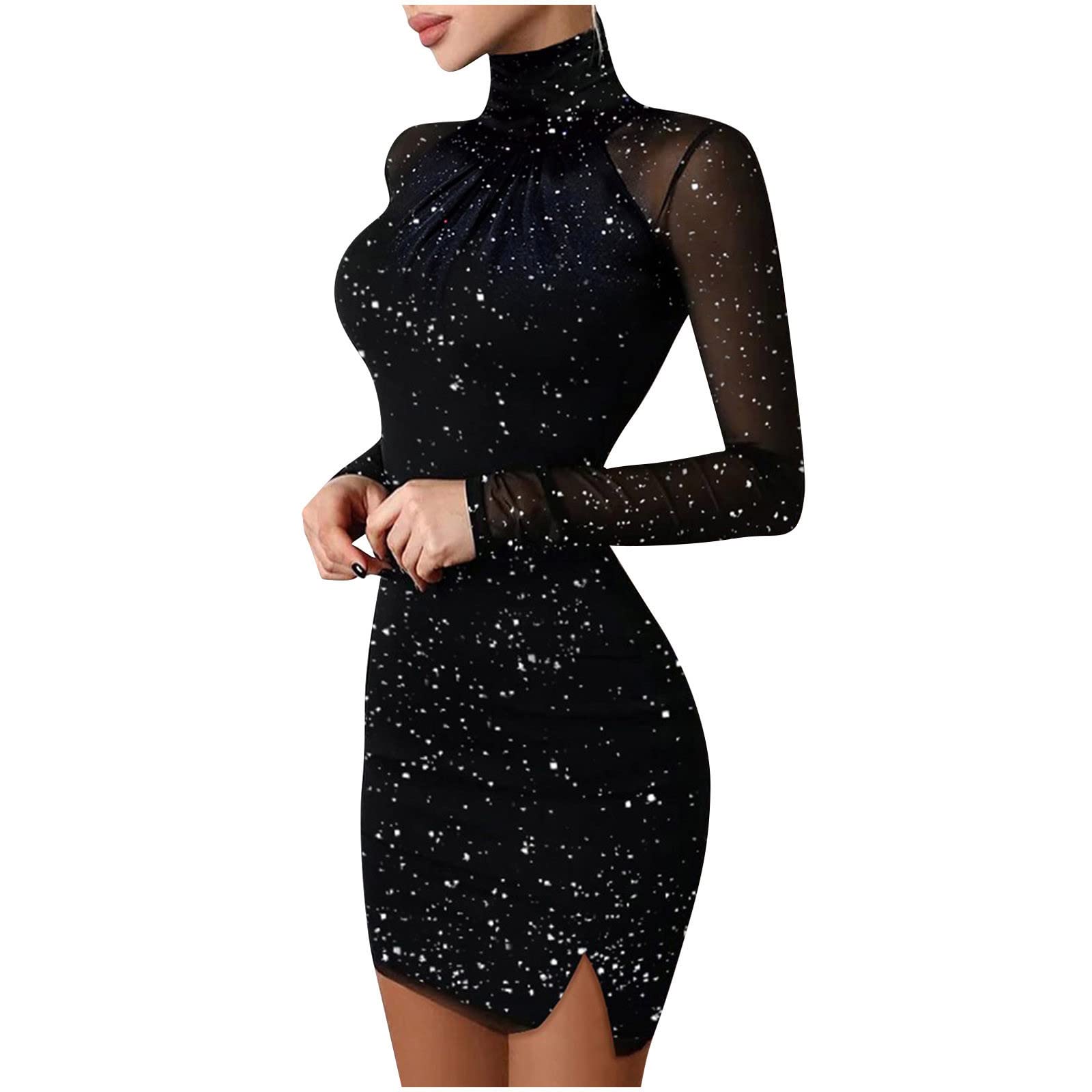 Sexy Black Long Sleeve Bodycon Dress for Women - Elegant Mesh Sequin Sparkly High Neck A-Line Party Dress | Perfect for New Year's Eve, Club Nights & Special Occasions