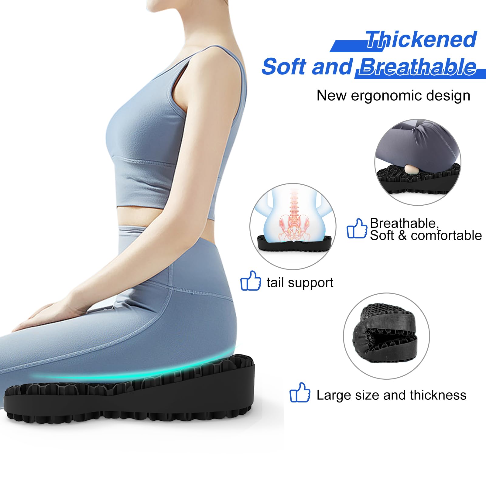 19.7in Thickened Gel Seat Cushion for Office Chair, Wheelchair & Car - Cooling Comfort for Back Pain, Sciatica & Tailbone Relief - Perfect for Long Sitting at Work, Driving or Home Use