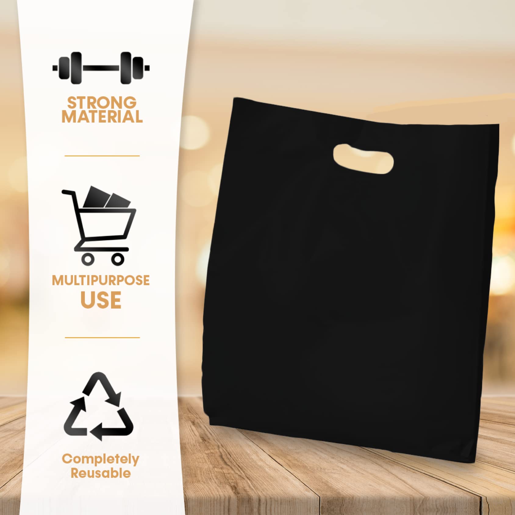 Black Plastic Retail Bags - 9x12, 12x15, 15x18 Inch Sizes - Pack of 100/200/500 - 100% Recyclable Store Merchandise Bags for Boutique, Gift Shop & Retail Packaging