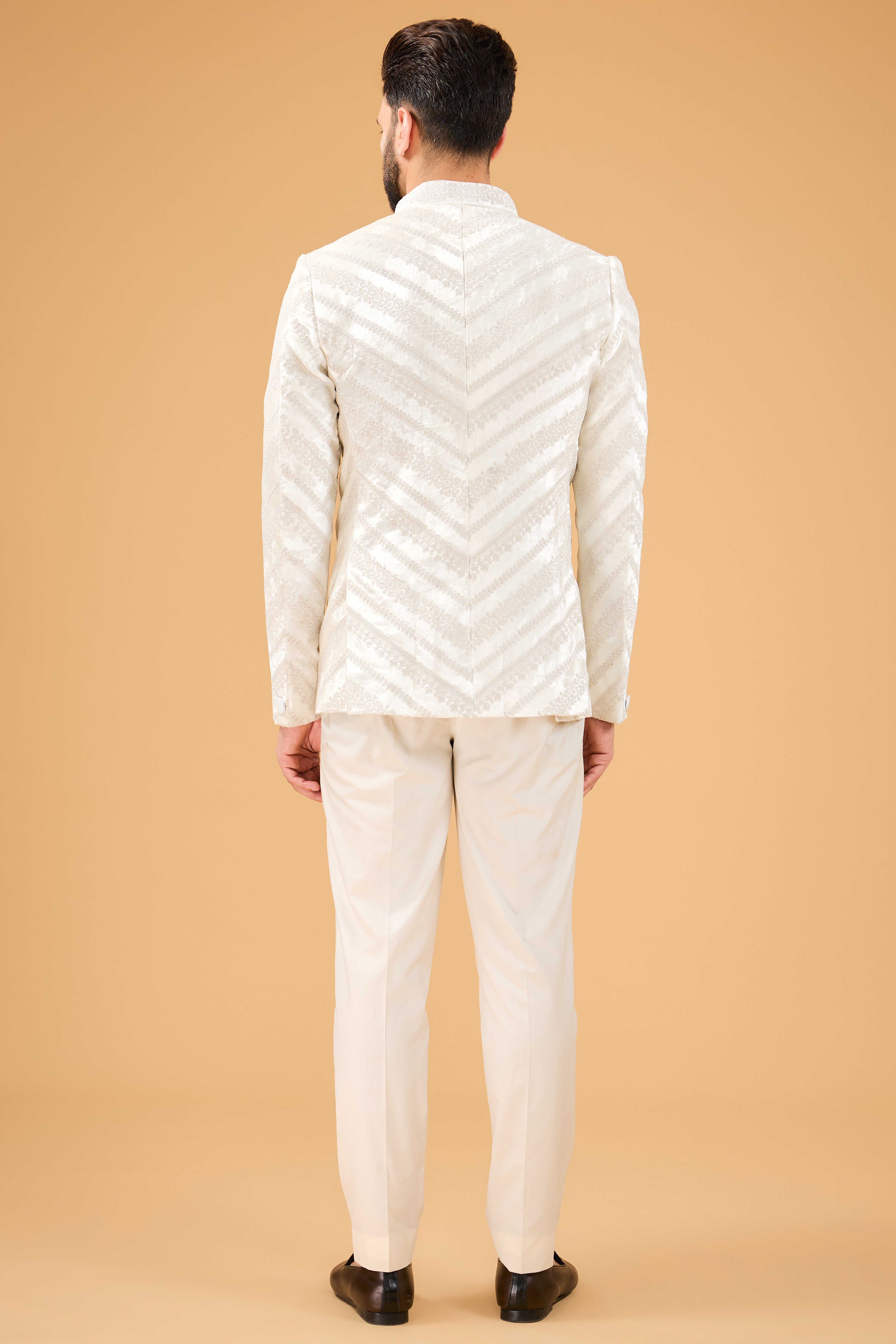 Elegant Ivory Bandhgala Jacket with Intricate Dori Embroidery on Velvet Fabric | Perfect for Weddings & Festive Occasions