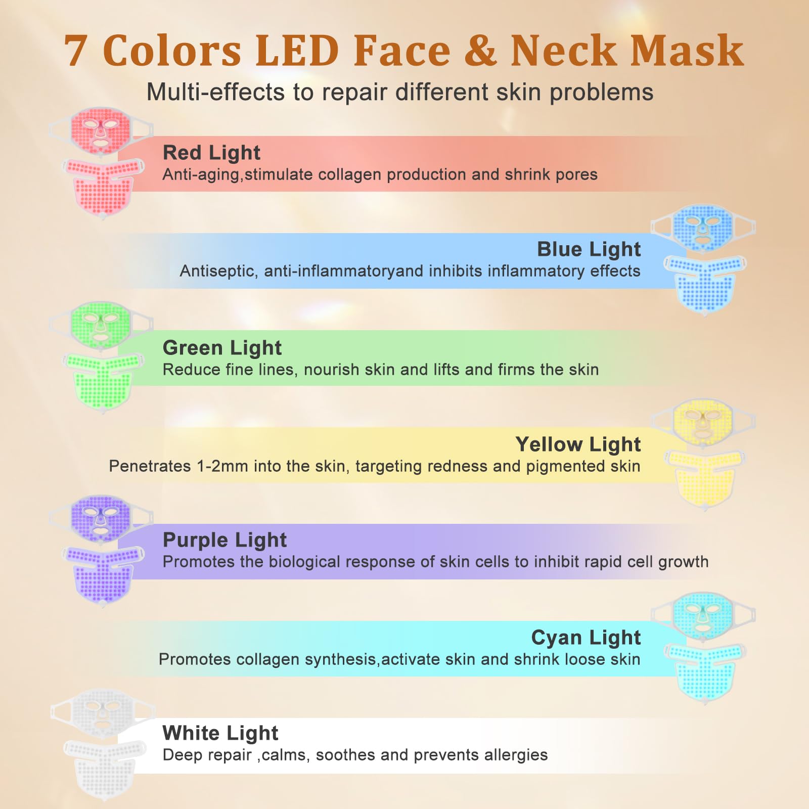 Hotodeal 7-Color LED Face Mask Light Therapy for Skin Rejuvenation & Anti-Aging - Silicone Foldable Facial Mask with Neck Coverage | Portable Red Light Therapy Device for Home Spa, Acne Treatment & Wrinkle Reduction