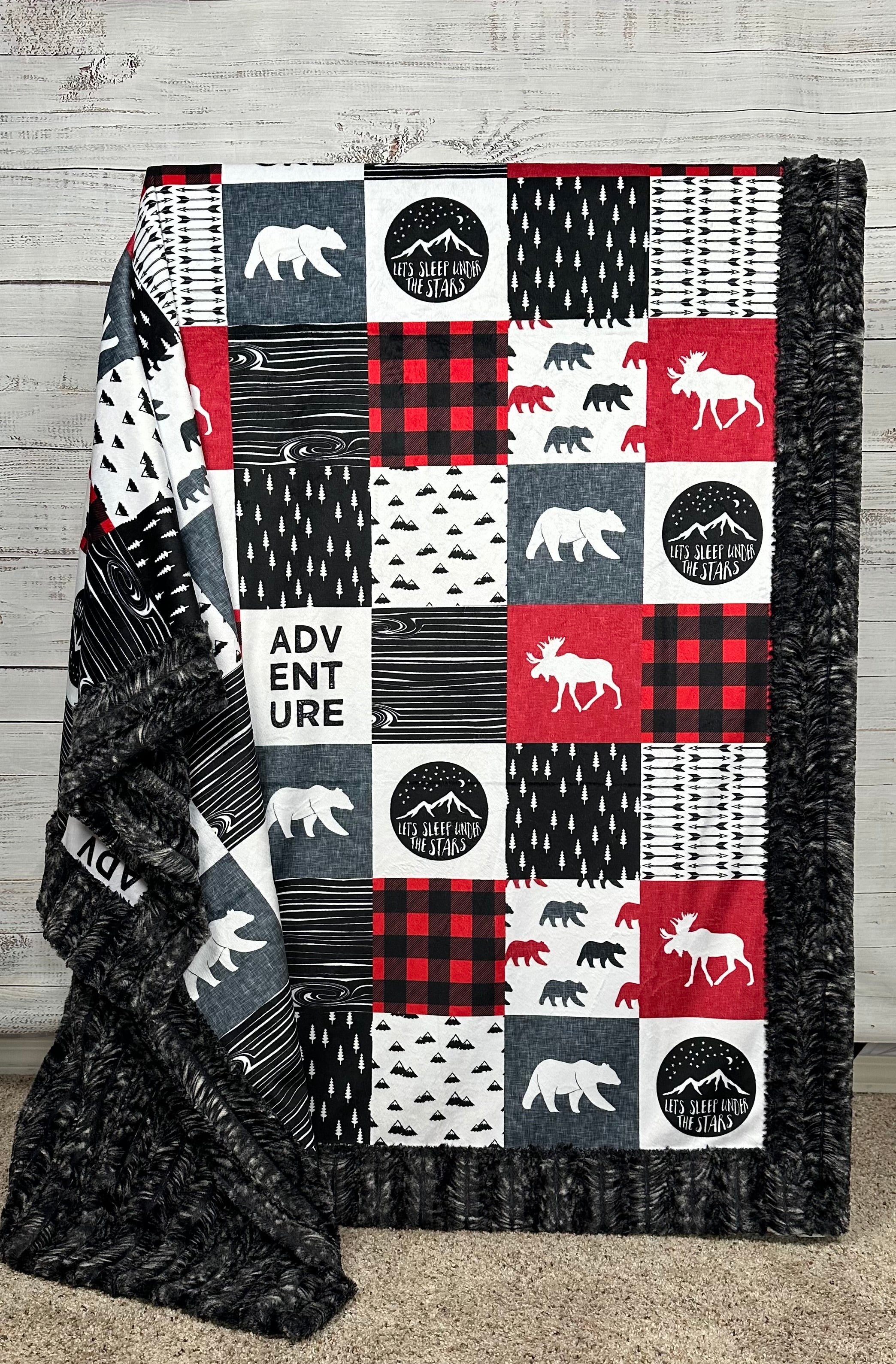 Premium Hawke Luxe Large 54x79 Minky Blanket - Soft & Cozy Red/Black/White Patchwork Design for Camping, Stargazing & Outdoor Adventures