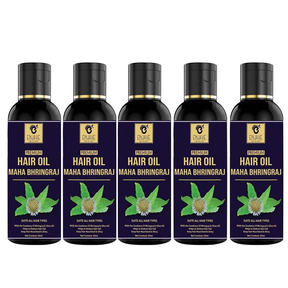 Enjave Maha Bhringraj Herbal Hair Oil - 100% Pure Ayurvedic Hair Growth Treatment with Onion Extract (50ml, Pack of 5) | Natural Remedy for Hair Loss, Dandruff & Scalp Care | Perfect for Daily Hair Nourishment & Styling