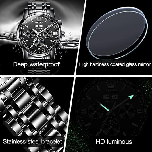 OLEVS Automatic Self-Winding Men's Luxury Watch - Stainless Steel Waterproof Mechanical Wristwatch with Moon Phase & Luminous Dial | Perfect for Business, Formal Events & Everyday Wear