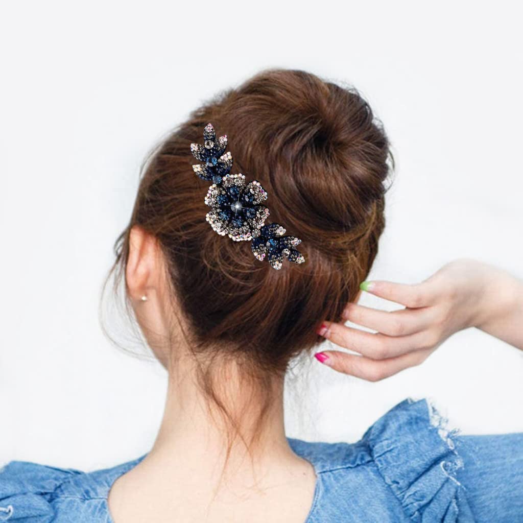 PALAY® Women's Floral Hair Clips - Crystal Barrettes & Hair Combs for Girls & Women, Elegant Bridal Hair Accessories (Dark Blue) | Perfect for Weddings, Parties & Everyday Styling