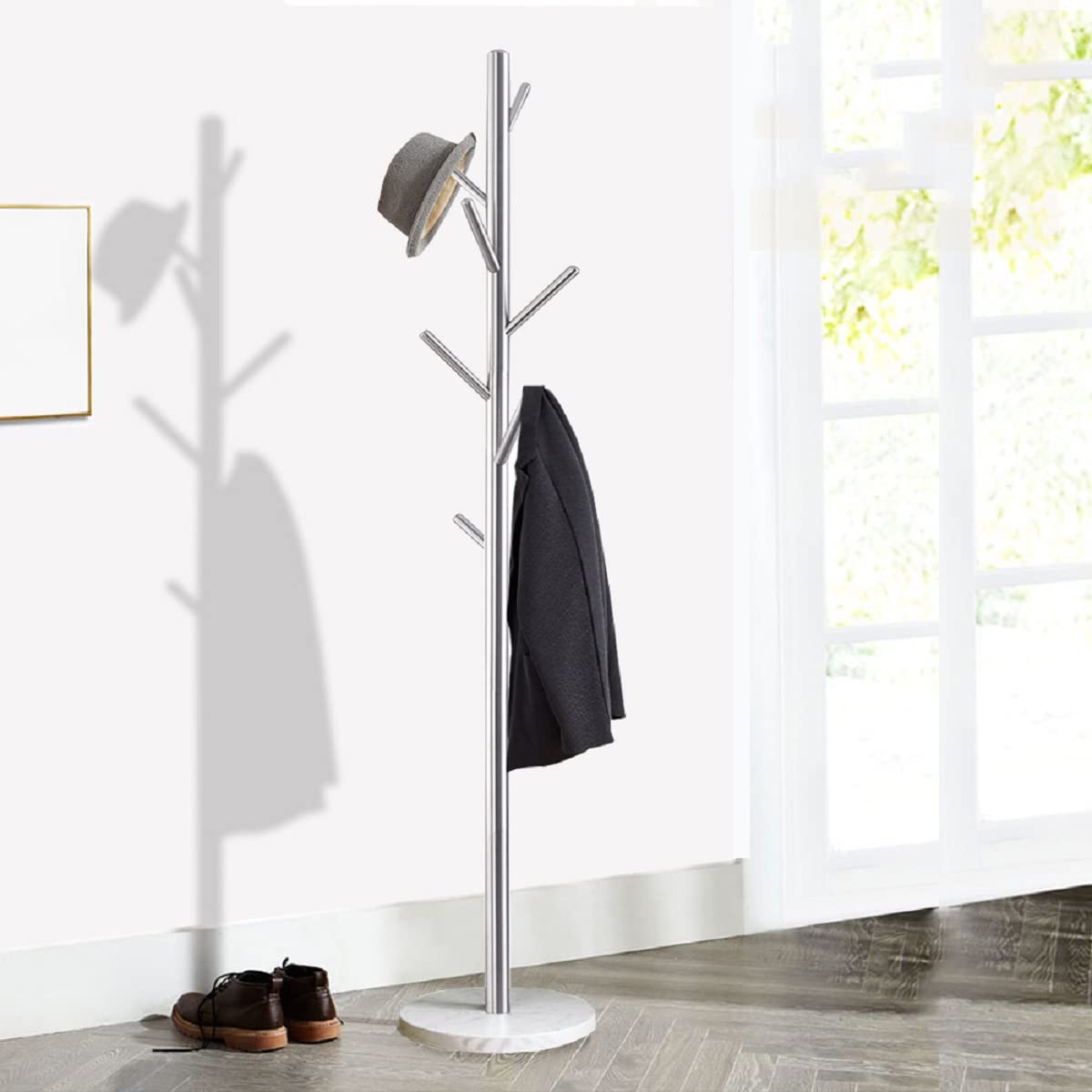 Jolitac Premium Metal Coat Rack Stand - Satin Steel Finish with Marble Base, Sturdy Free-Standing Hat & Coat Hanger with Multiple Hooks for Bedroom, Entryway, or Closet - Easy Assembly & Space-Saving Design (Satin Steel)