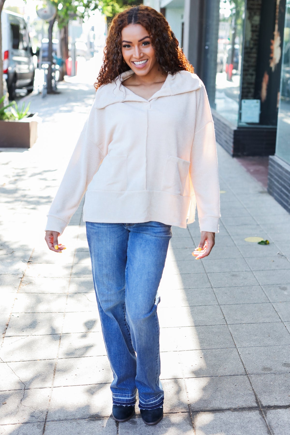 Easy Living Oatmeal Textured Knit Notch Neck Oversized Collar Sweater - Cozy Oversized Women's Knitwear for Fall & Winter | Perfect for Casual Outfits, Coffee Dates and Weekend Relaxation