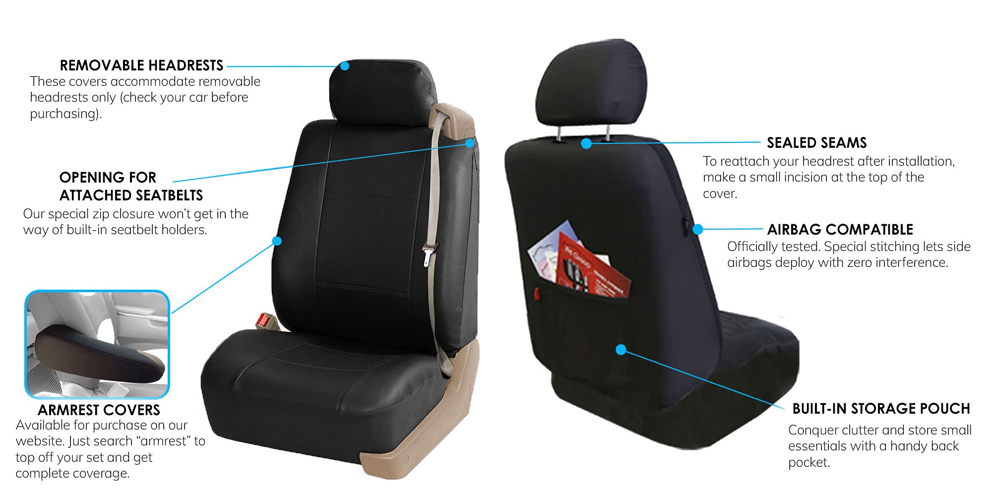 FH Group Universal Low Back Faux Leather Car Seat Covers - Front Set with Removable Headrest | Airbag Compatible for SUV & Van | Black | Perfect for Daily Commute & Road Trips