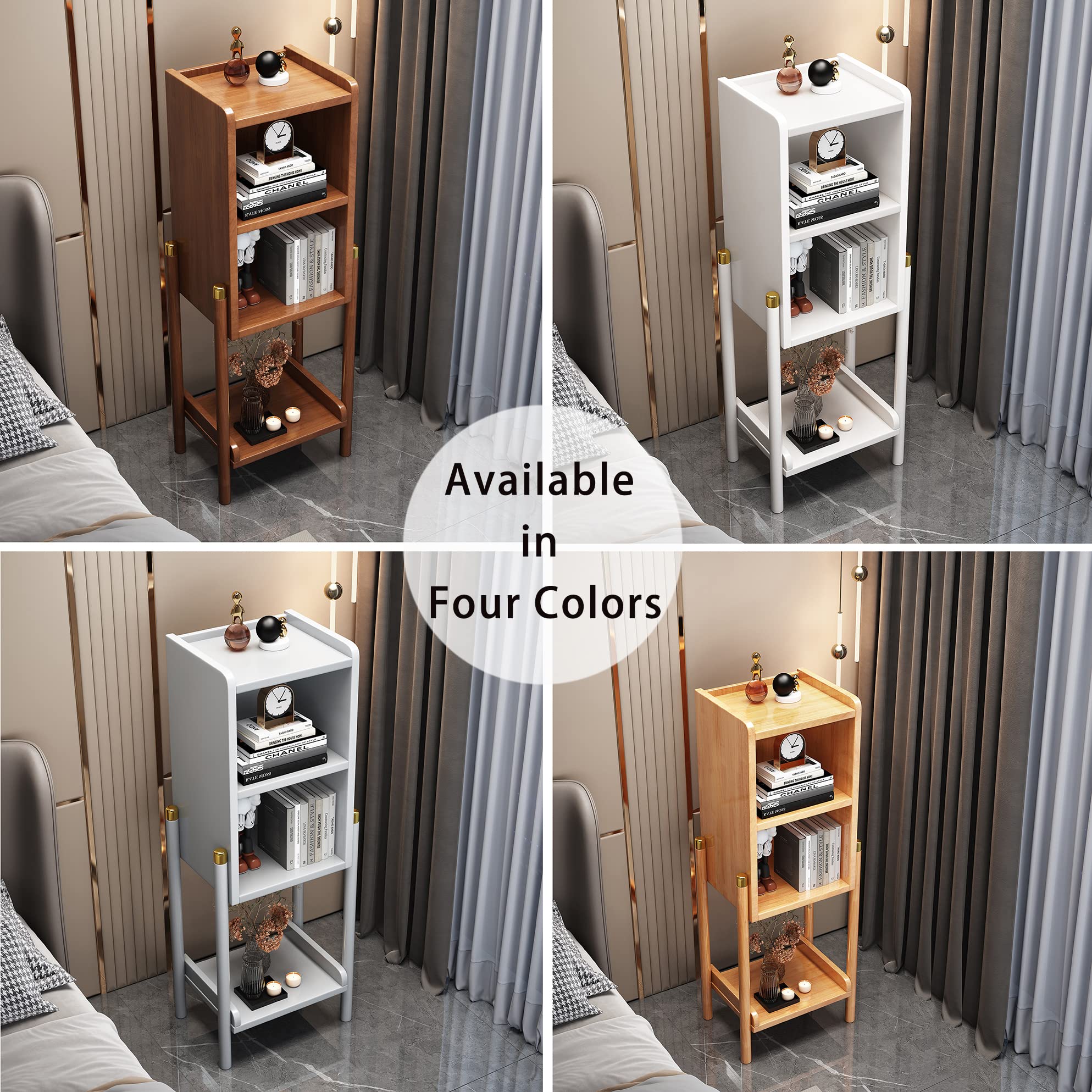 Modern Nightstand with Bookshelf - Rubber Wood End Table with Storage Shelf for Bedroom, Living Room, Office & Bathroom - White Bathroom Storage Rack (15.8