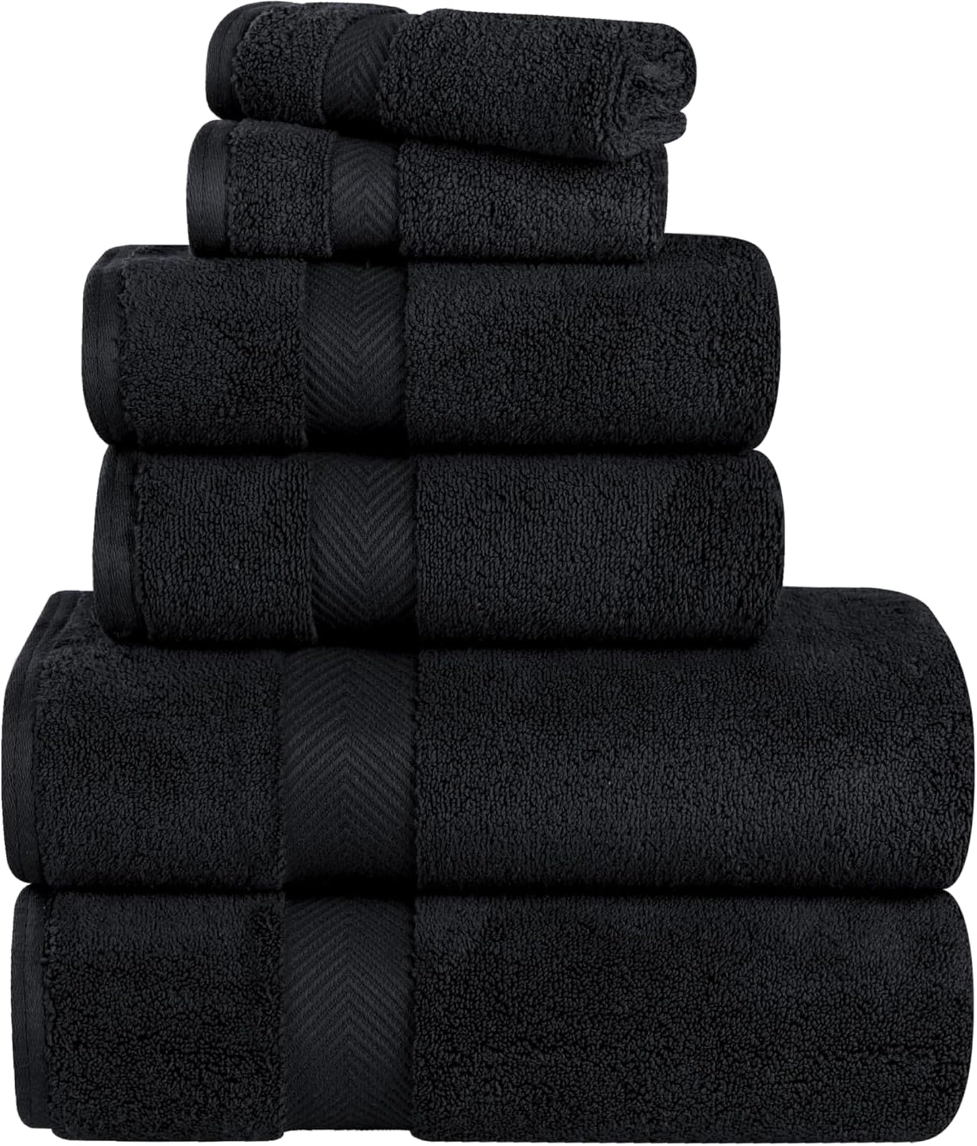 Premium 100% Long-Staple Zero Twist Cotton Towel Set - 6 Piece Ultra Soft Bath, Face & Hand Towels for Luxury Spa, Hotel & Home Use - Black