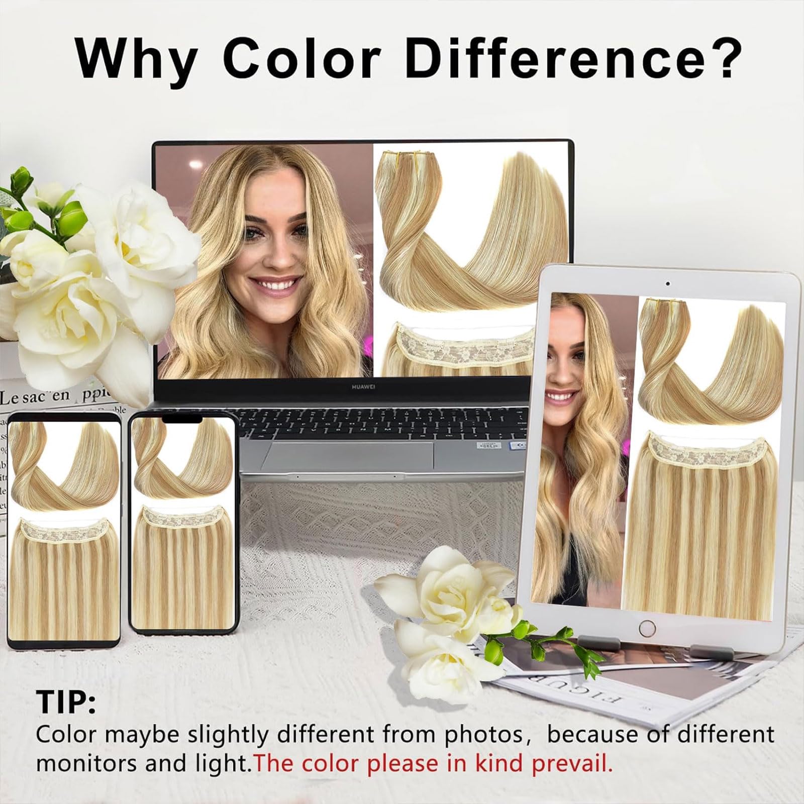 RECOOL 20 Inch Real Human Hair Extensions - Balayage Light Blonde to Bleach Blonde Remy Hair with Invisible Wire, Straight Clip-in Extensions for Daily Wear & Special Occasions