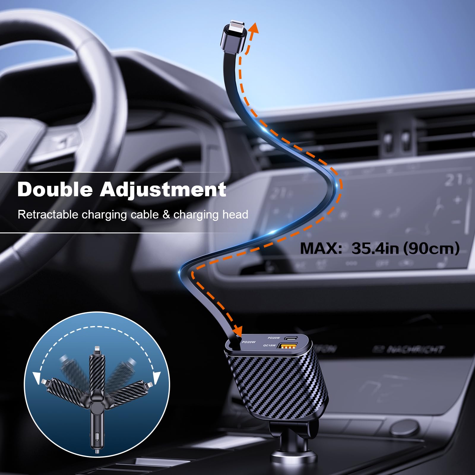 OHLPRO 58W Retractable Car Charger - Super Fast Dual USB Car Phone Charger Adapter with 35.4