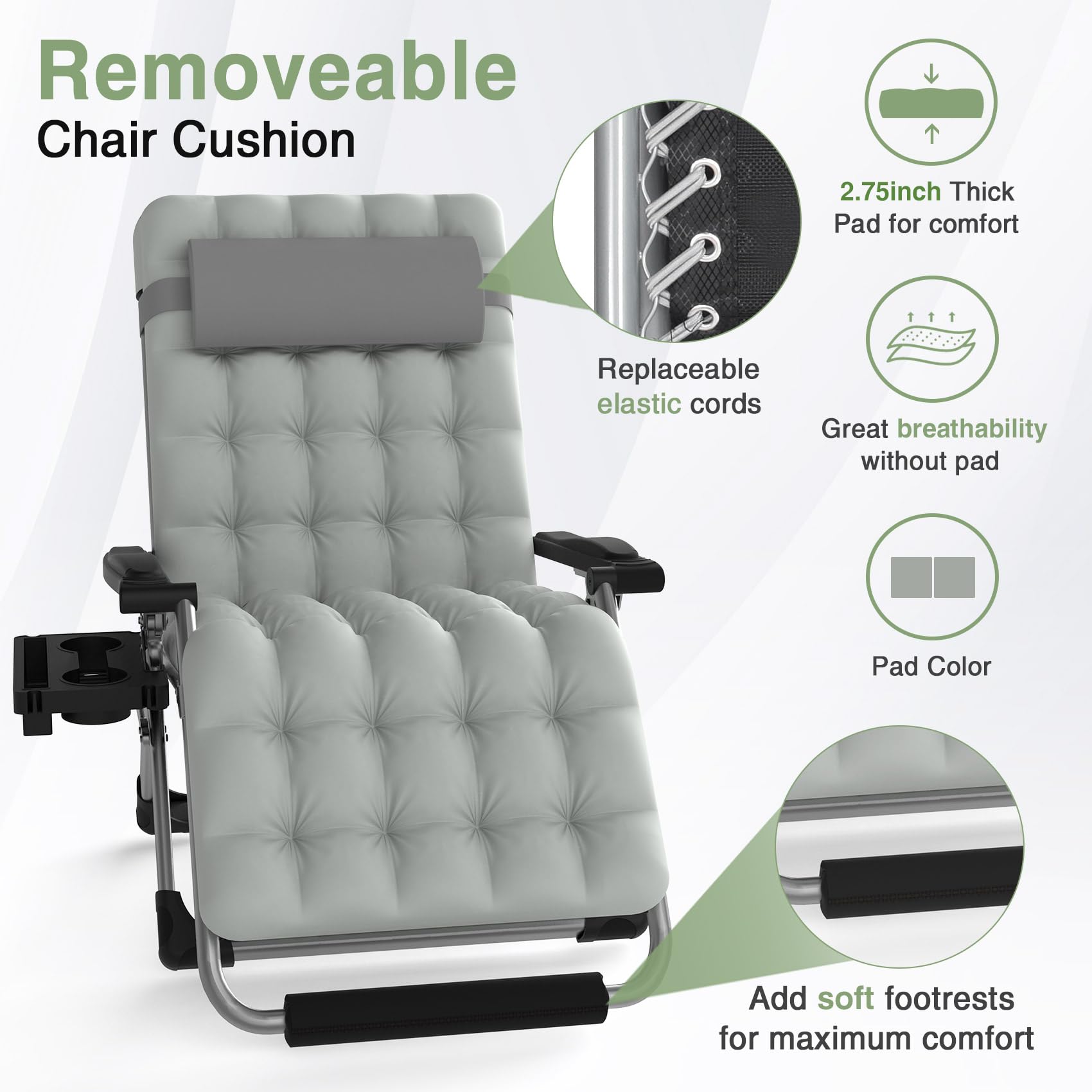 Slendor Oversized Padded Zero Gravity Chair XXL - 33 Inch Heavy Duty Recliner with Pillow & Footrest - 500lb Capacity Folding Lounge Chair for Indoor/Outdoor Use - Perfect for Patio, Poolside, Camping & Backyard Relaxation