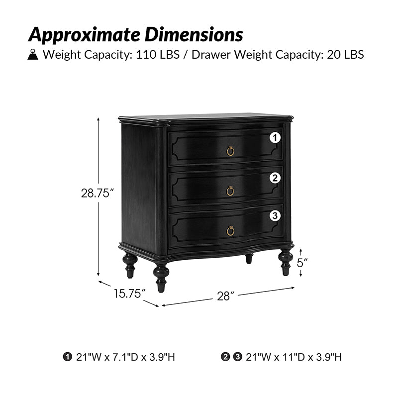 Bernhard 3 Drawer Traditional Nightstand with USB Outlets - Solid Wood Bedside Table for Bedroom, Living Room & Office - Charging Station & Storage Cabinet