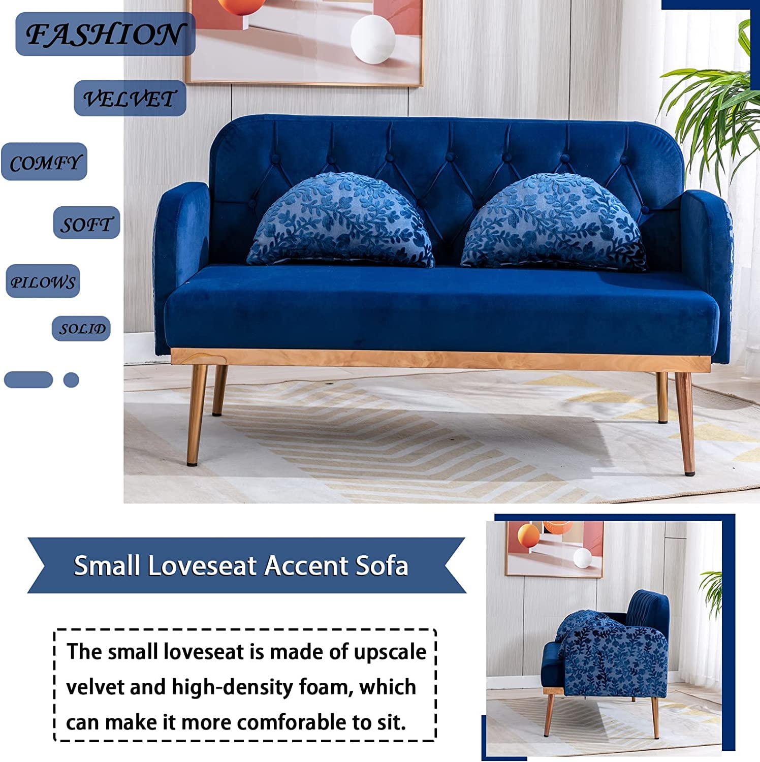 55-Inch Small Velvet Loveseat Sofa with Golden Metal Legs & Tufted Backrest - Modern Twin Size Accent Couch with 2 Elegant Moon Shape Pillows - Navy Blue Velvet Sofa for Living Room, Bedroom or Office Lounge