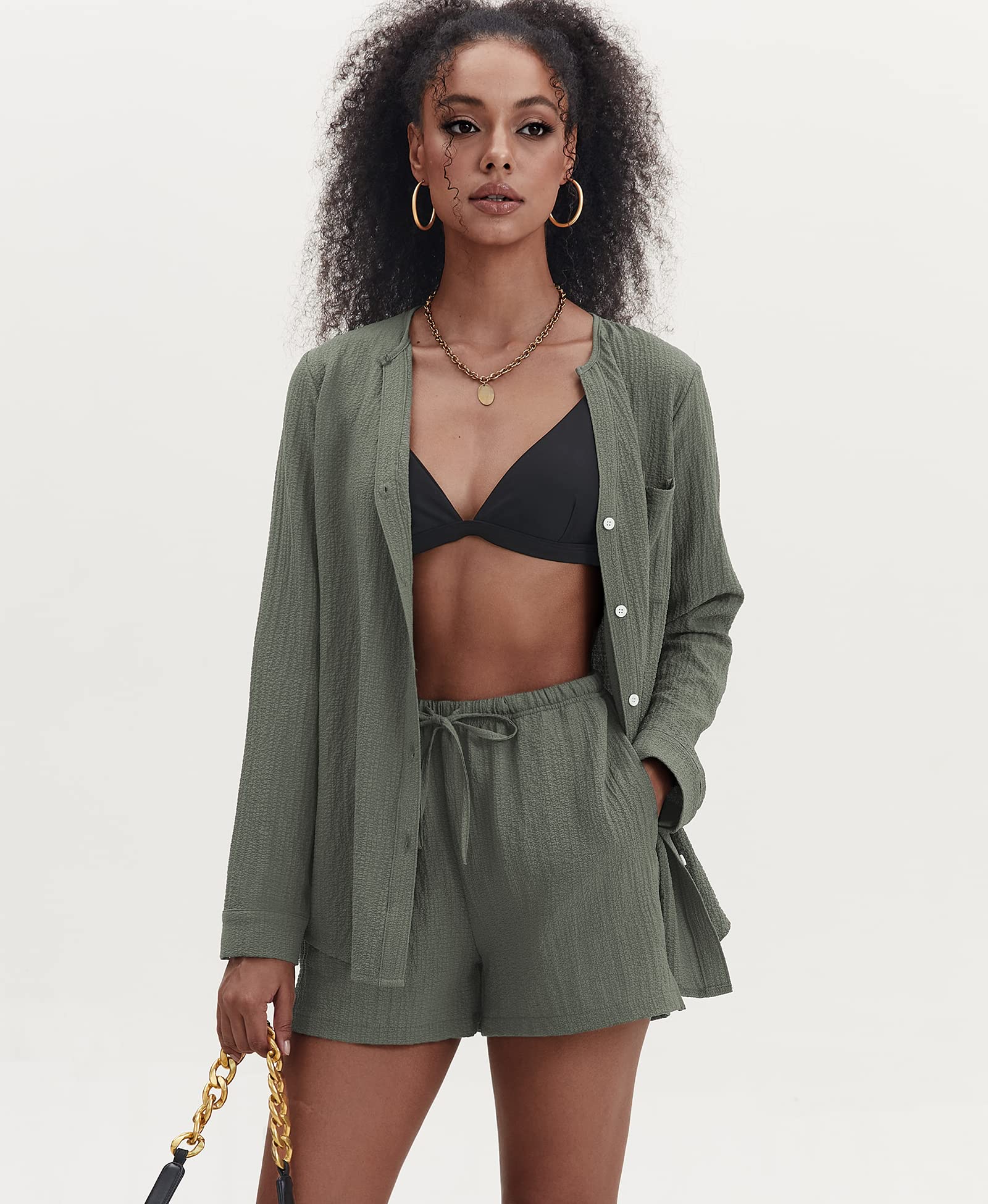 Ekouaer Women's 2-Piece Summer Lounge Set - V-Neck Button Down Shirt & Shorts with Pockets | Comfortable Loungewear for Home, Travel & Casual Outings
