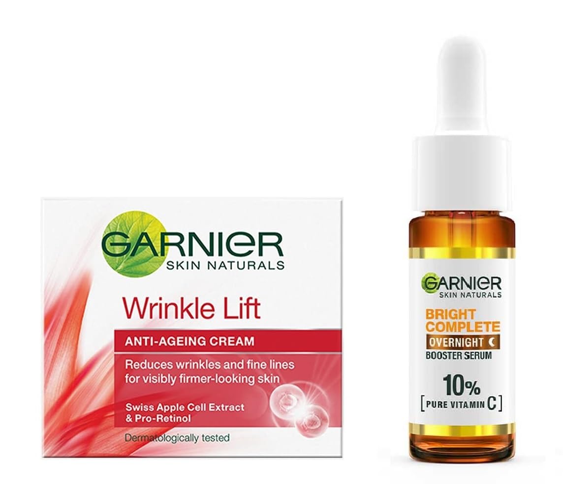 Garnier Wrinkle Lift Anti-Aging Cream 18g & Bright Complete Vitamin C Overnight Serum 15ml Set - Anti-Wrinkle & Brightening Skincare Combo for Nighttime Routine & Daily Youthful Glow