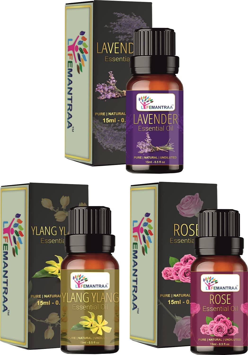 Pure Lavender, Ylang Ylang & Rose Essential Oil Set - 15ml Each (45ml Total) for Aromatherapy, Home Diffusers, Soap Making, Candle Making | Natural Air Freshener for Bedroom, Spa & Relaxation