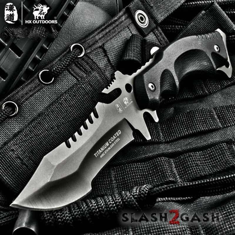 HX OUTDOORS Tactical Knife with 440C Stainless Steel Blade, Titanium Plated K10 Handle & Nylon Sheath - Perfect for Camping, Hunting, Survival and Outdoor Adventures