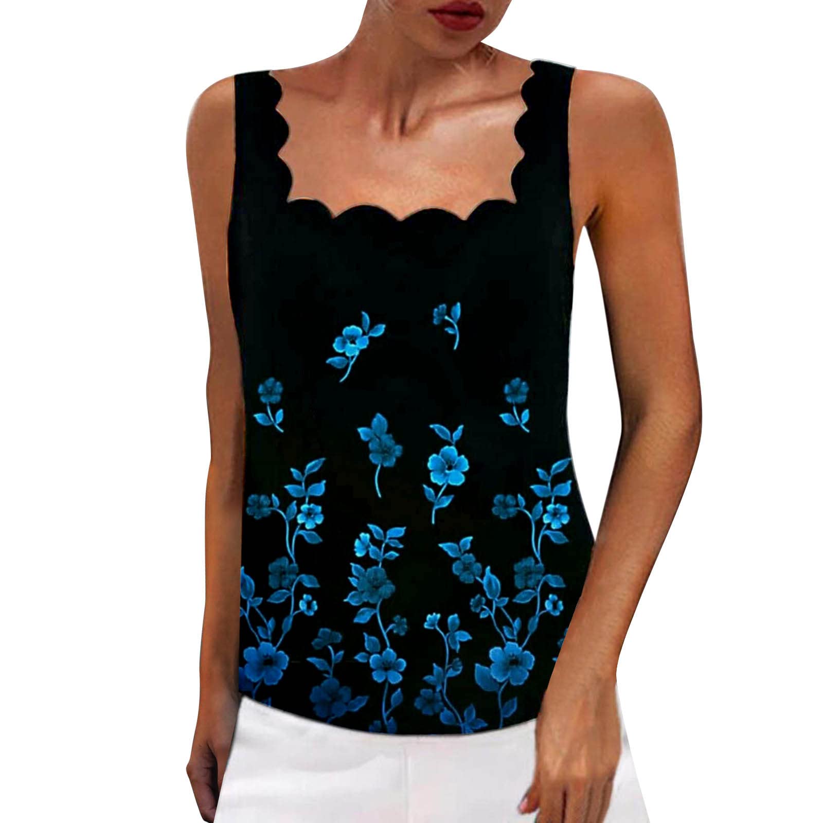 Women's Summer Sleeveless Lace Top - Square Neck Casual Printed Blouse for Bartenders & Waitresses | Breathable Party Wear, Club Outfit & Office Casual Shirt