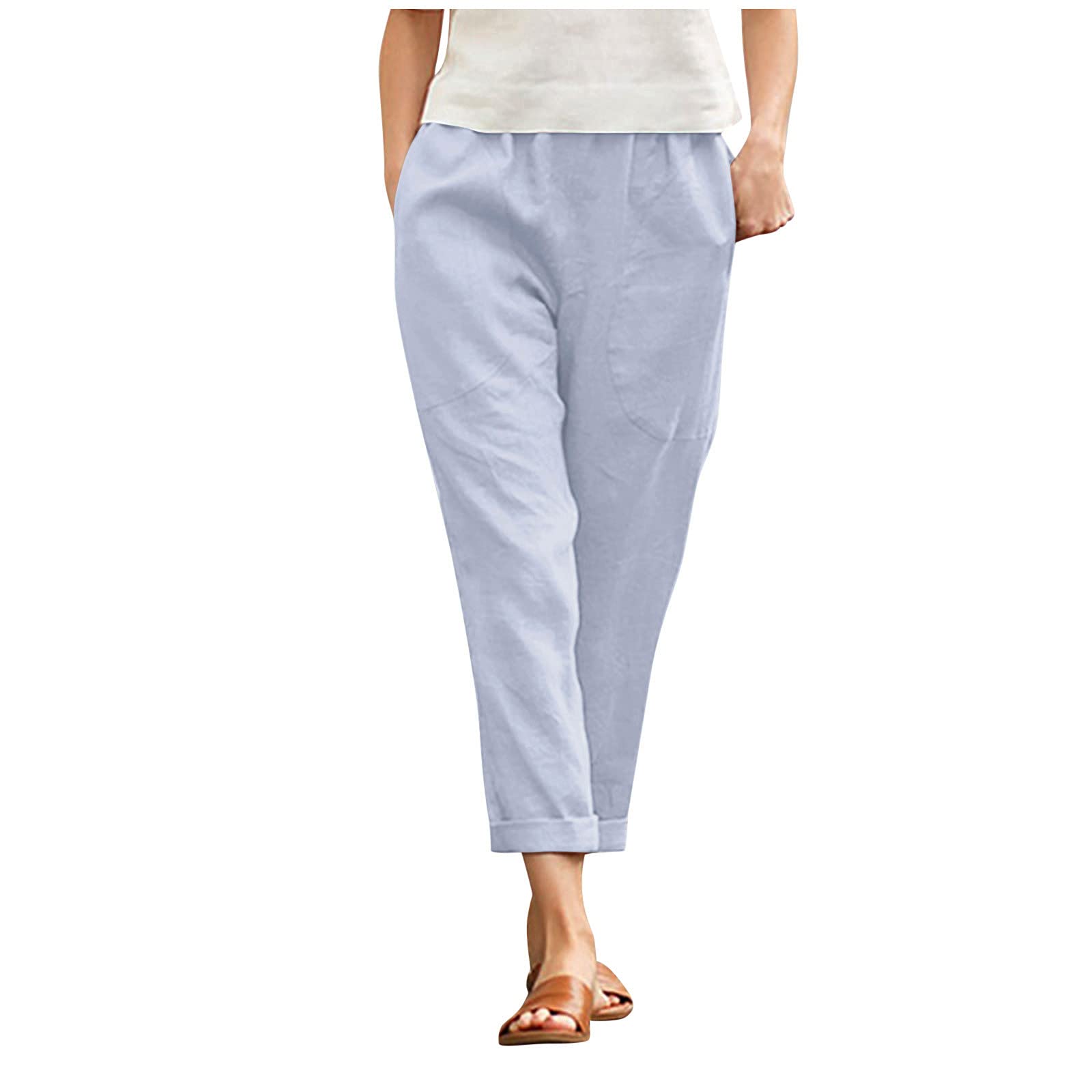 iOPQO Women's Linen Pants - White High Waisted Stretch Pants with Pockets, Plus Size Casual Trousers for Women | Perfect for Summer, Office & Travel