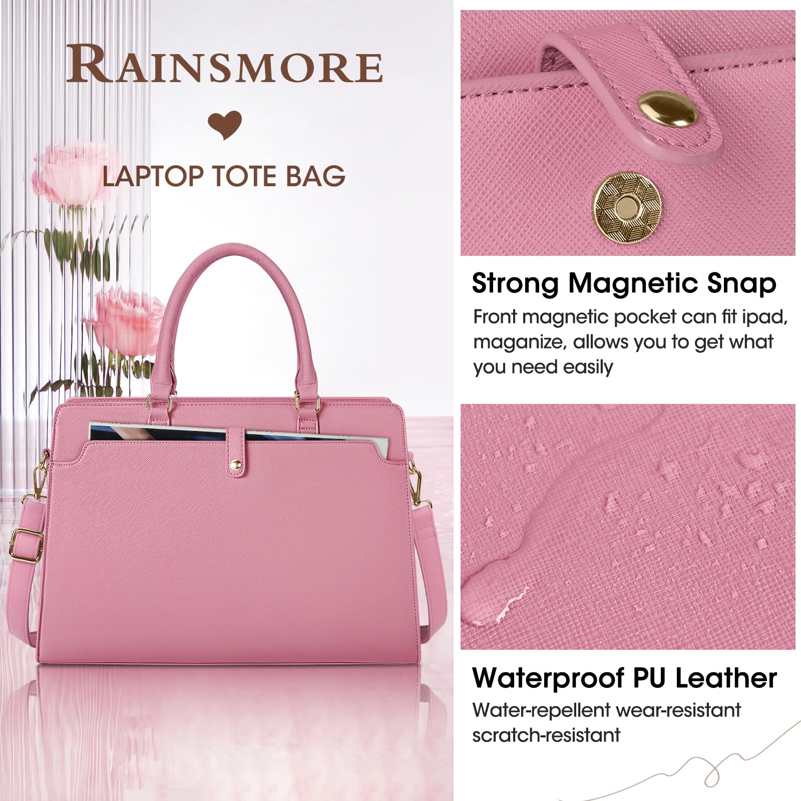 RAINSMORE 15.6 Inch Leather Laptop Tote Bag for Women - Waterproof Work Briefcase, Large Capacity Business Office Computer Bag, Pink Shoulder Handbag for Professionals and Students