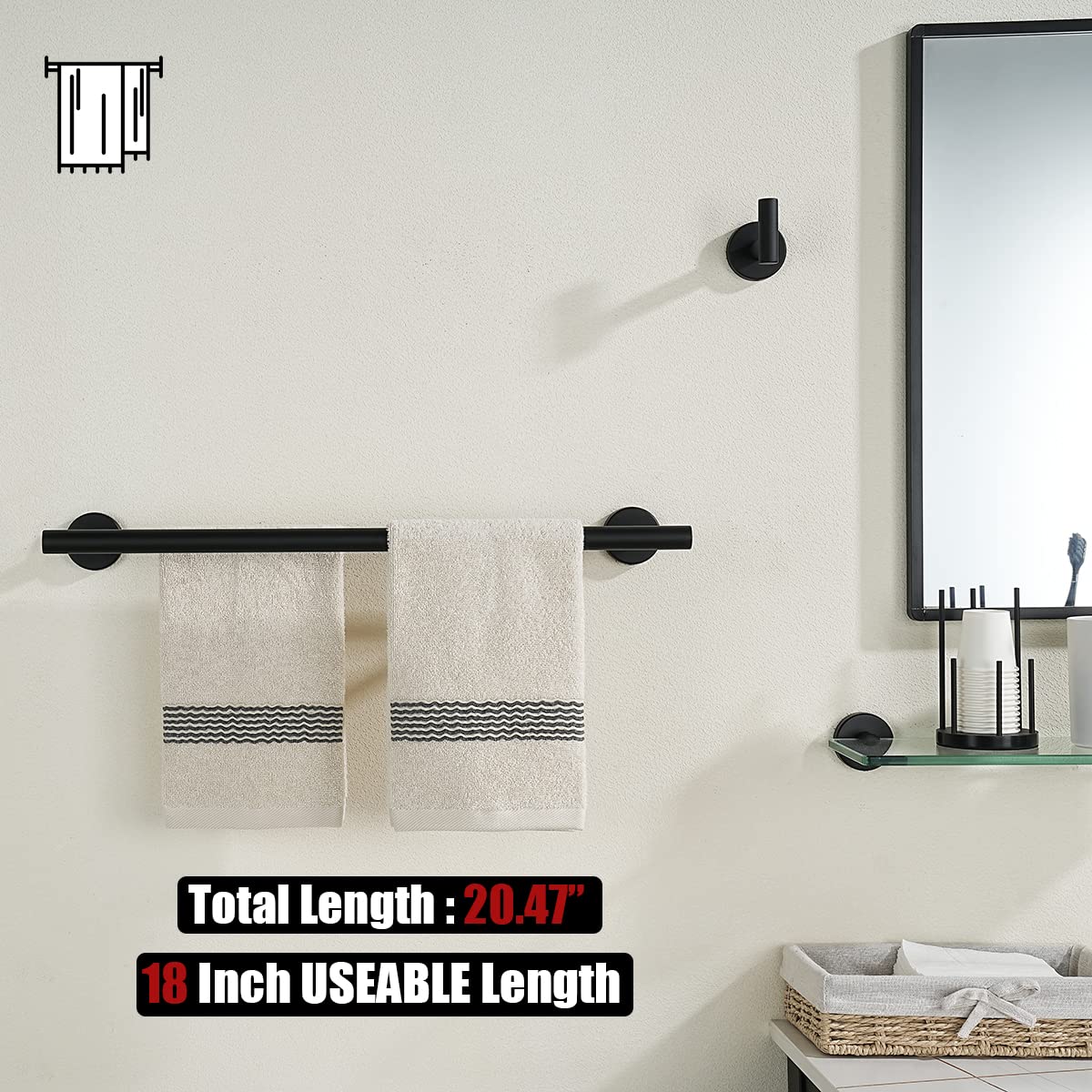 18 Inch Matte Black Stainless Steel Towel Bar - Heavy Duty 304 Stainless Steel Bathroom Towel Rack with Wall Mount (0.8mm Thick, 20