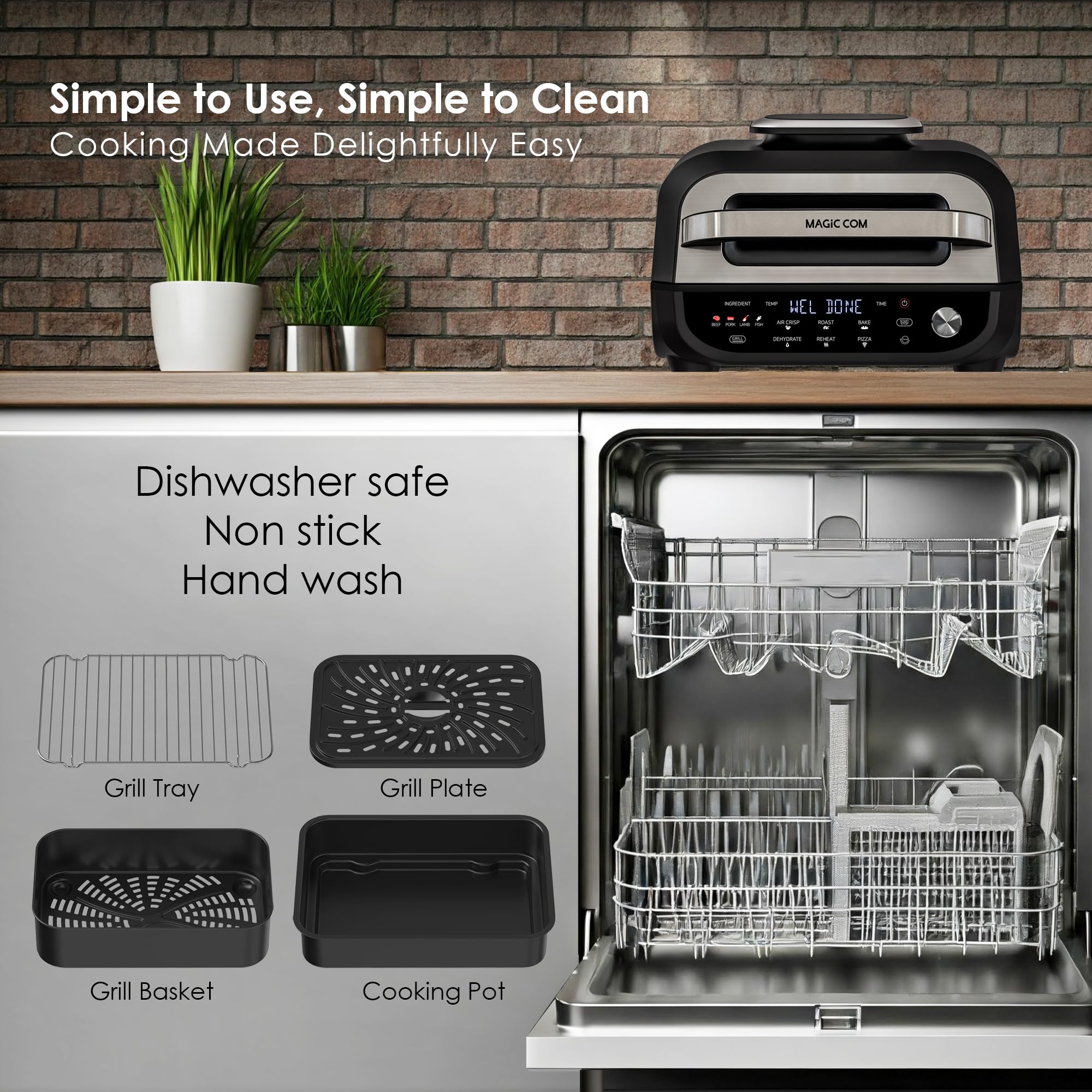 MAGiC COM 7-in-1 Indoor Electric Grill & Air Fryer - Smart Grill with Steak, Roast, Bake, Air Crisp, Dehydrate, Pizza & Reheat Functions | Non-Stick, Dishwasher Safe & Smart Thermometer Included | Perfect for Healthy Cooking, Family Dinners & Quick Meals (Black)