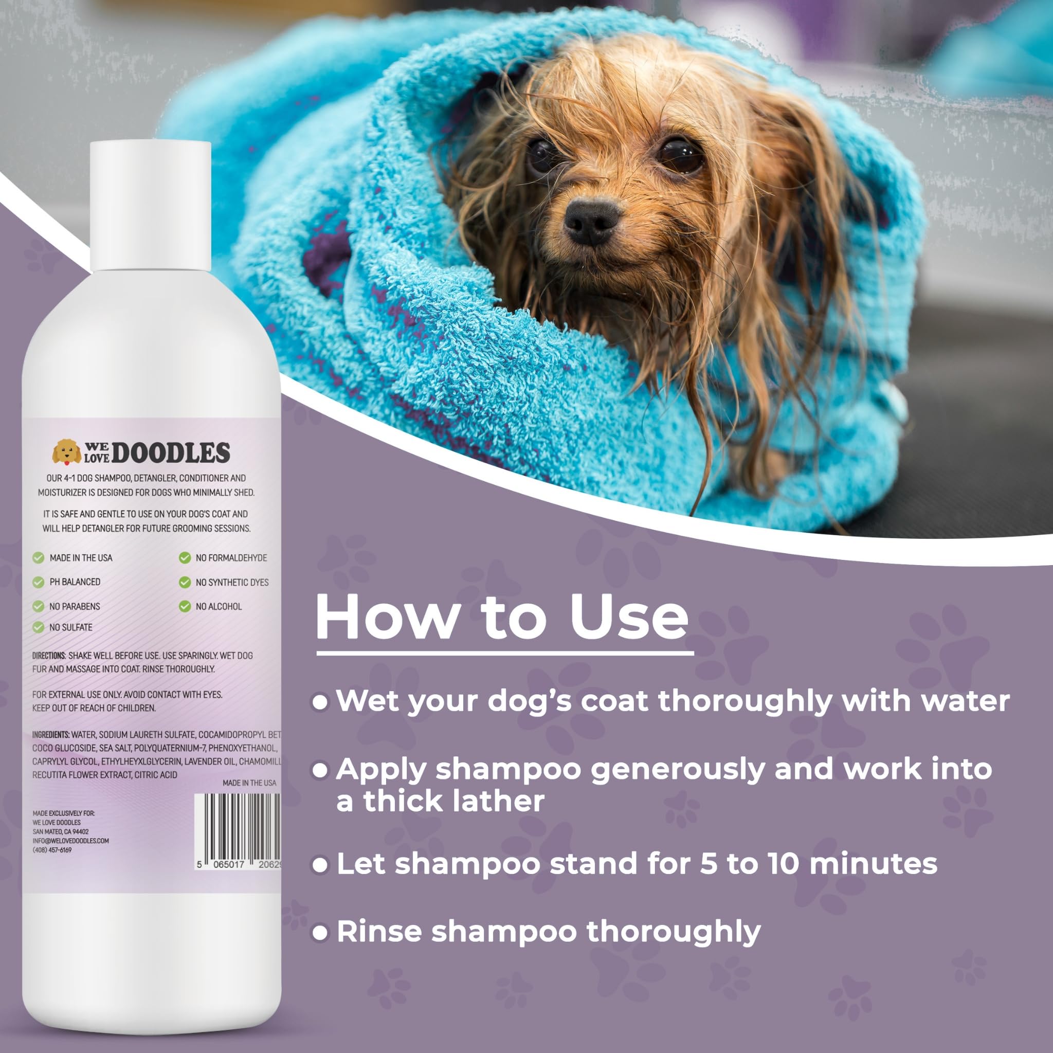 4-in-1 Lavender & Chamomile Dog Shampoo with Conditioner & Detangler - Best Hypoallergenic Shampoo for Goldendoodles, Poodles & Doodles - Matted Hair Solution for Dogs - Made in USA, 16oz - Perfect for Bath Time & Grooming Sessions