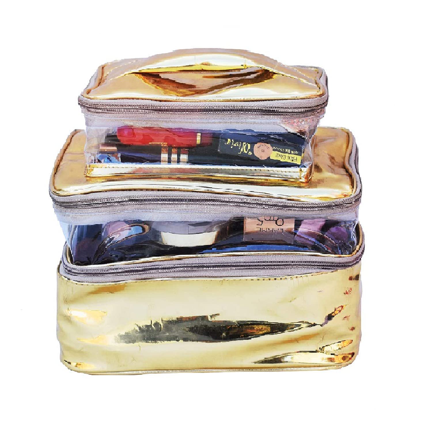 Gold Makeup Box Cosmetic Bag and Pouch (3 Fold Gold 01) - Elegant Travel Organizer for Women | Perfect for Makeup Brushes, Jewelry & Toiletries | Great Gift Idea for Brides & Beauty Lovers