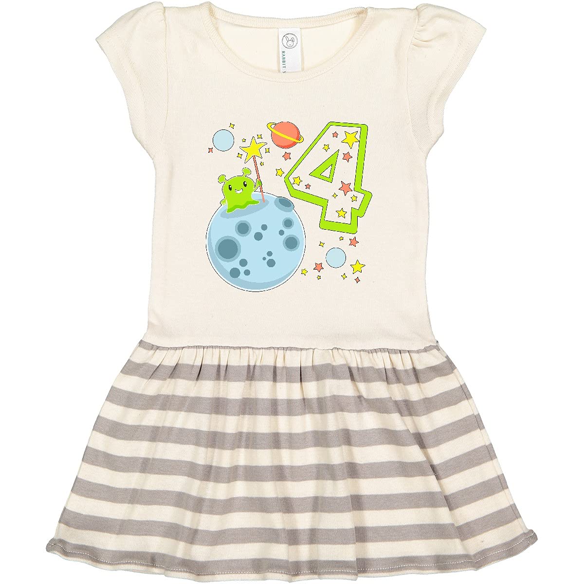 Inktastic Cute 4th Birthday Alien in Outer Space Toddler Dress - Fun Outer Space Themed Outfit for Girls' Birthday Party & Special Occasions