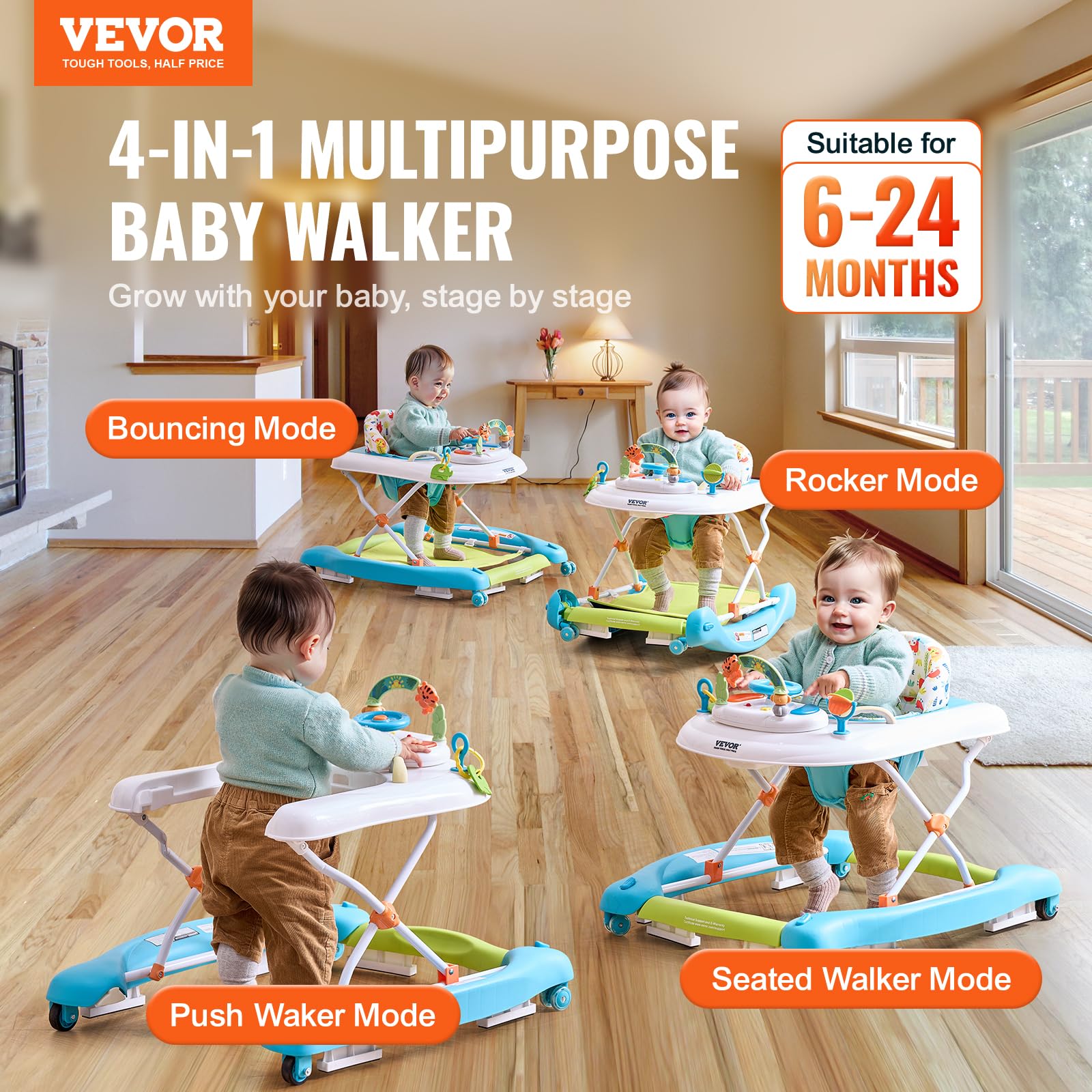 VEVOR 4-in-1 Baby Activity Walker with Wheels - Adjustable Height Learning Walker, Rocker & Bouncer for Toddlers 6-24 Months | Foldable Design with Music & Toy Tray | Perfect for Indoor Play & Early Development