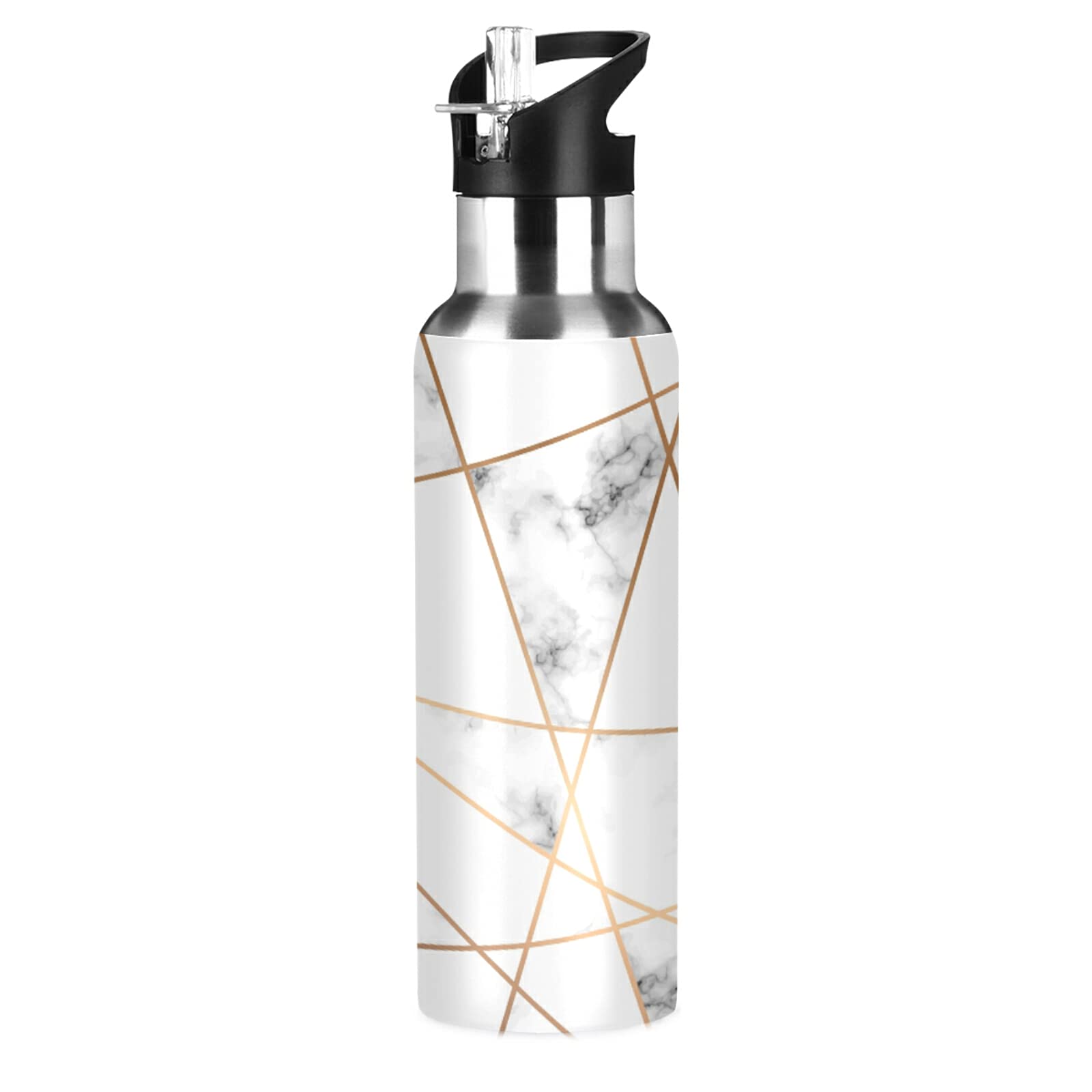 Premium Vacuum Insulated Stainless Steel Water Bottle with Straw Lid - 20oz Gold Marble Sports Bottle for Gym, Hiking & Outdoor Activities | Leakproof & Sweatproof Design for Fitness, Workouts & Travel
